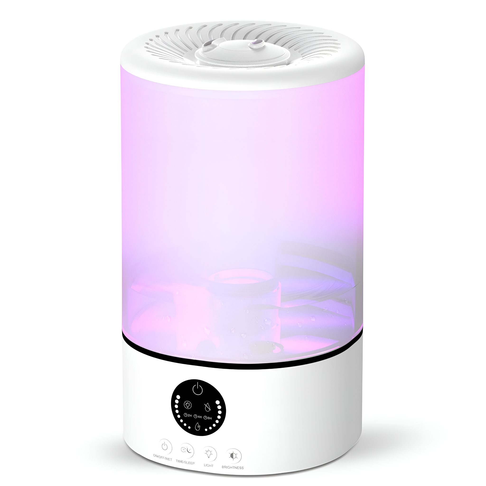 Weißer und rosa Luftbefeuchter mit Bedienelementen. Er hat einen Wassertank, ein Licht und Knöpfe.