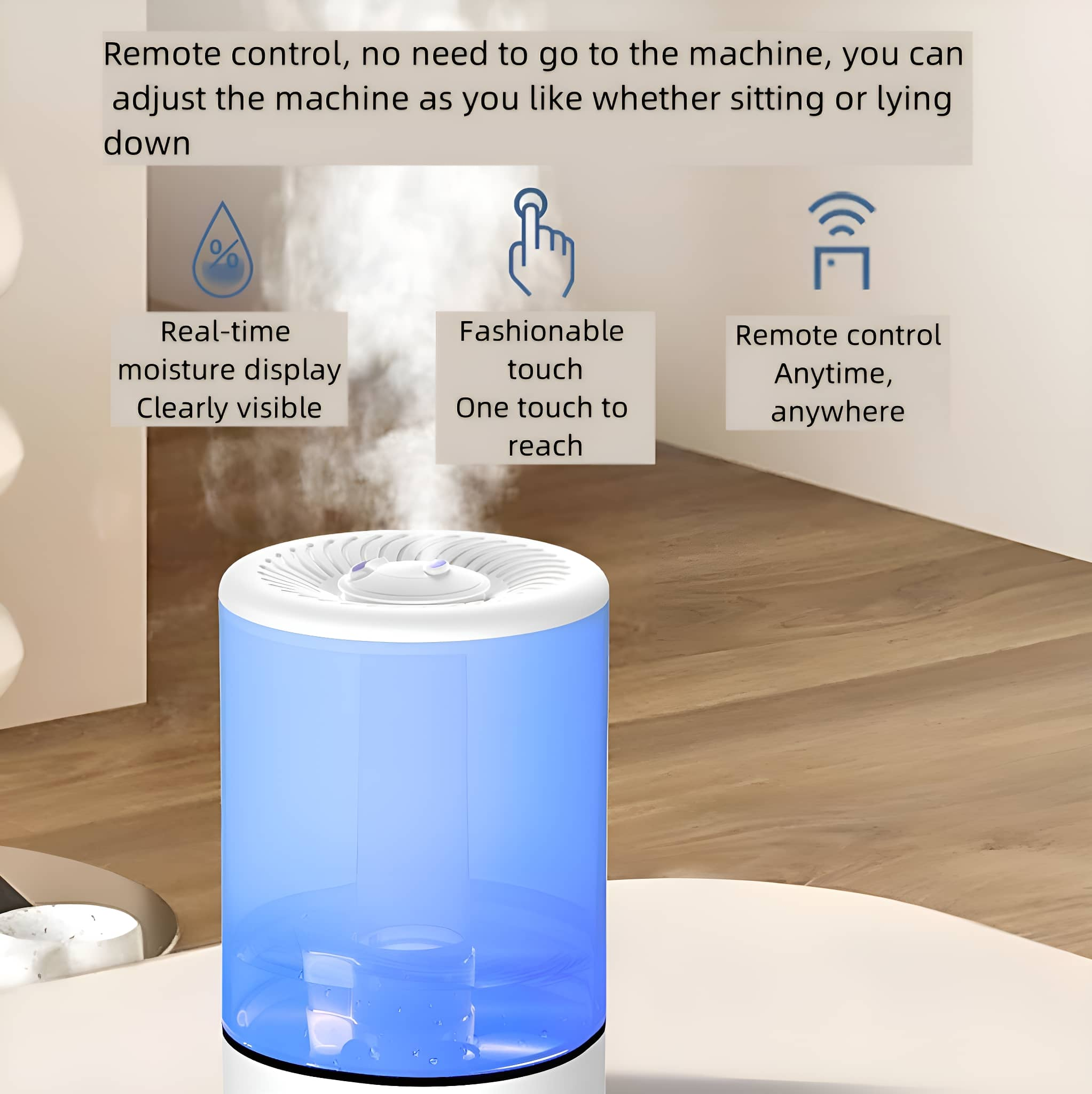 Blau-weißer Luftbefeuchter mit Nebel. Unten blaues Licht.