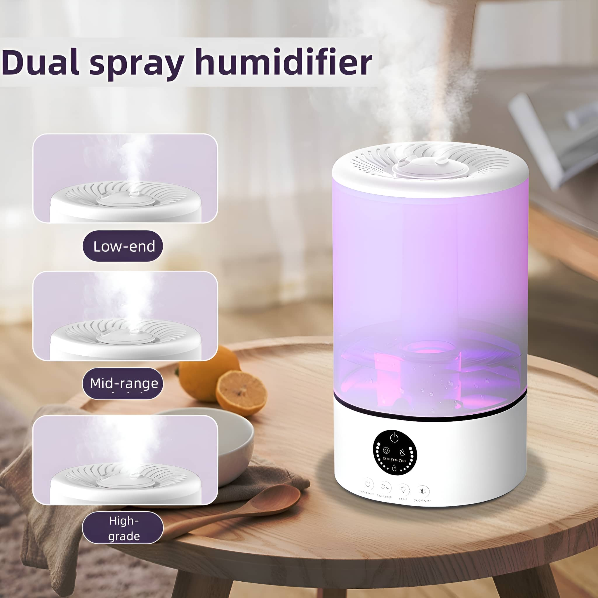Ein dualer Sprühbefeuchter, weiß und transparent, steht auf einem Holztisch, mit drei Sprühoptionen.