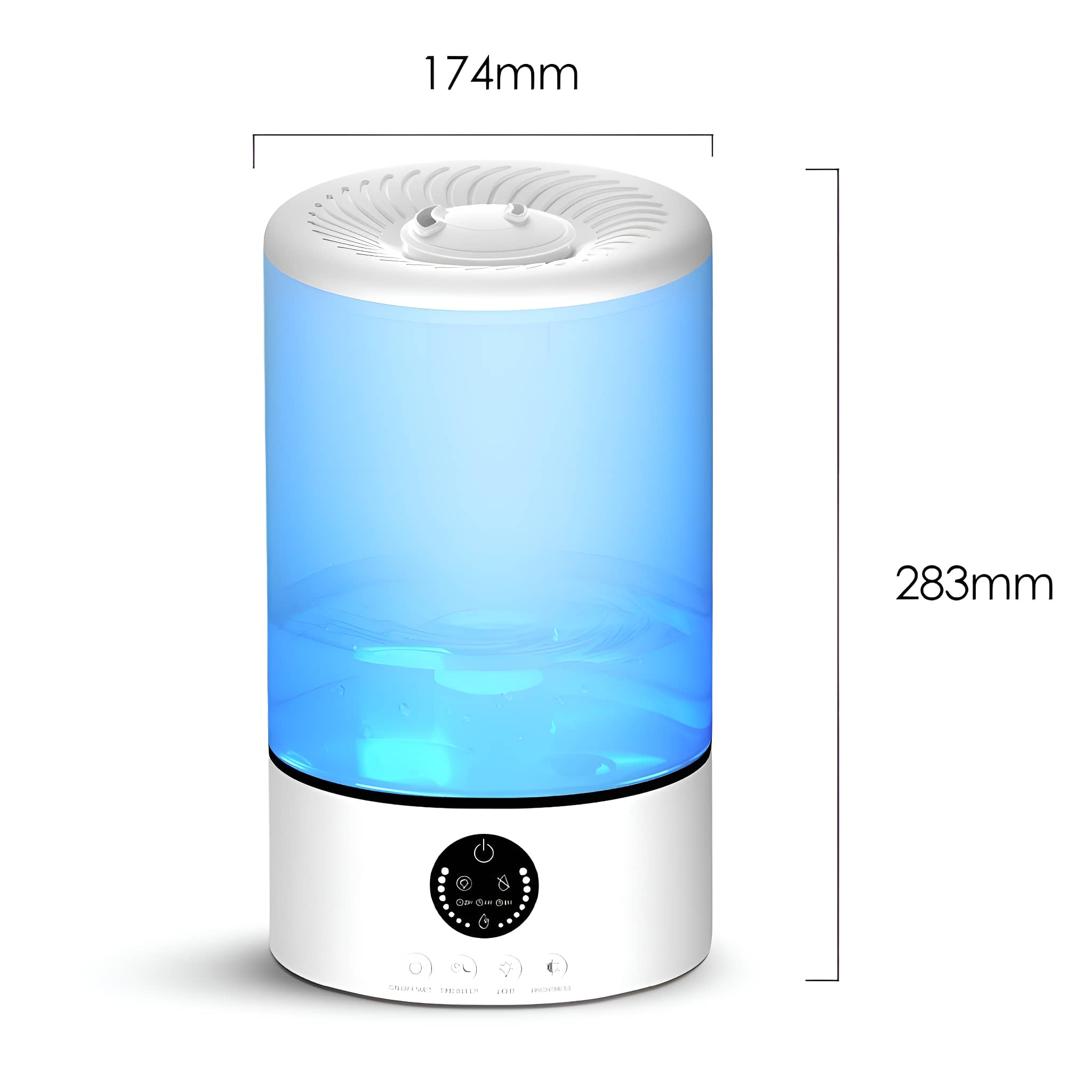Weiß-blauer Luftbefeuchter mit den Maßen 174 mm x 283 mm, mit Digitalanzeige.