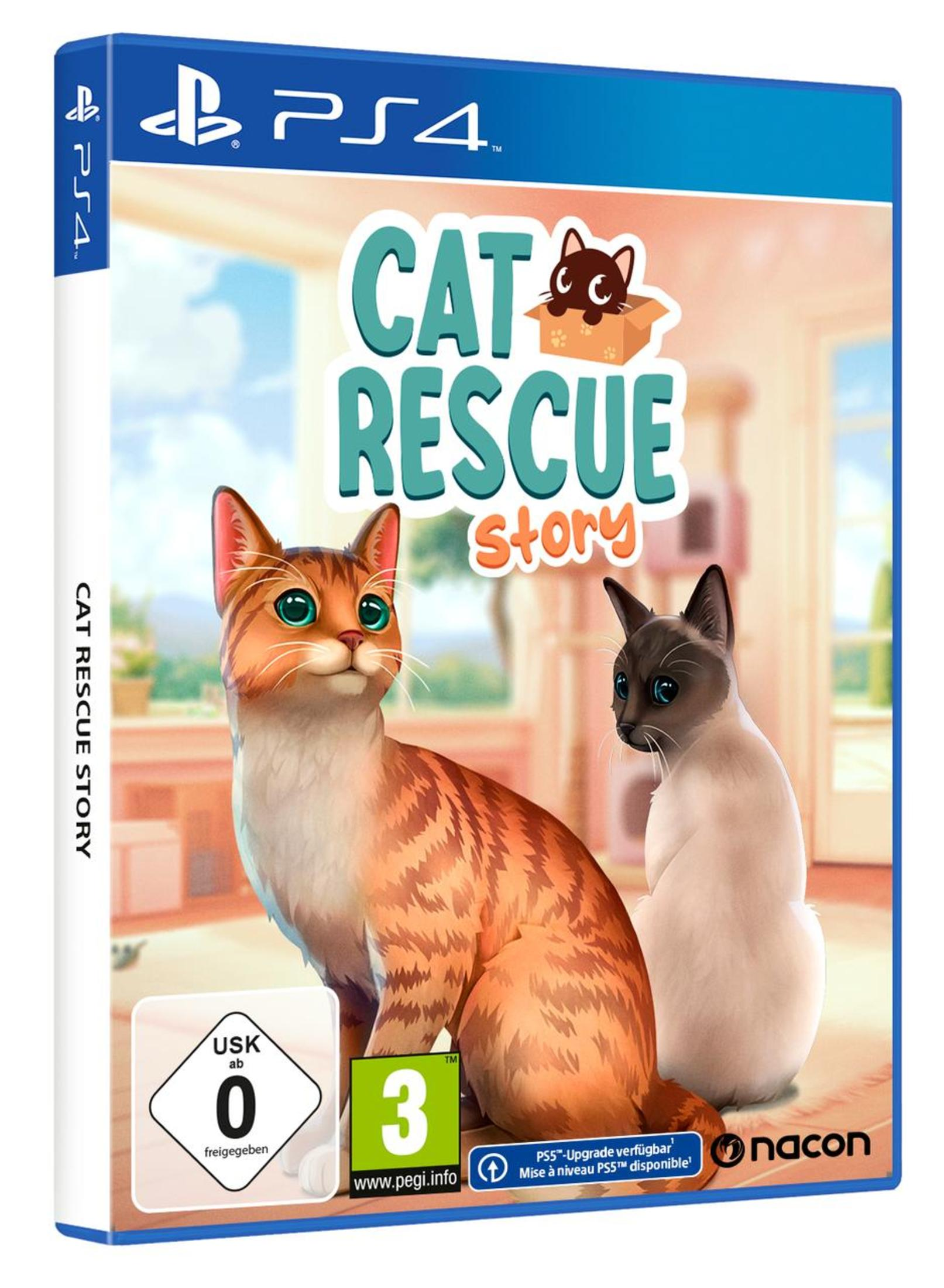 Eine PS4-Spielbox, 'CAT RESCUE STORY', mit Katzenillustrationen.