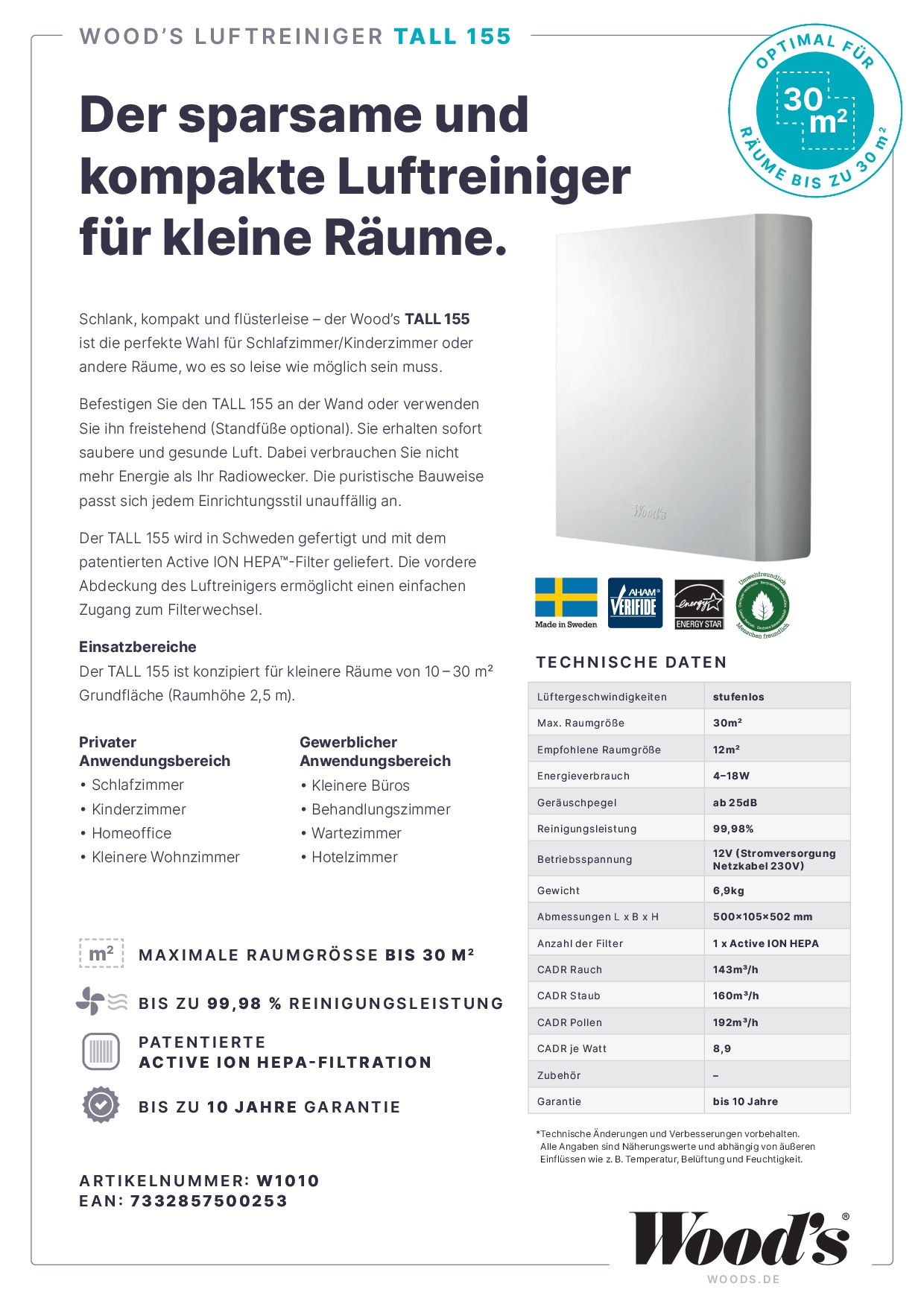 Weißer Luftreiniger mit Text auf Deutsch. Er hat einen weißen Körper und Text darauf.