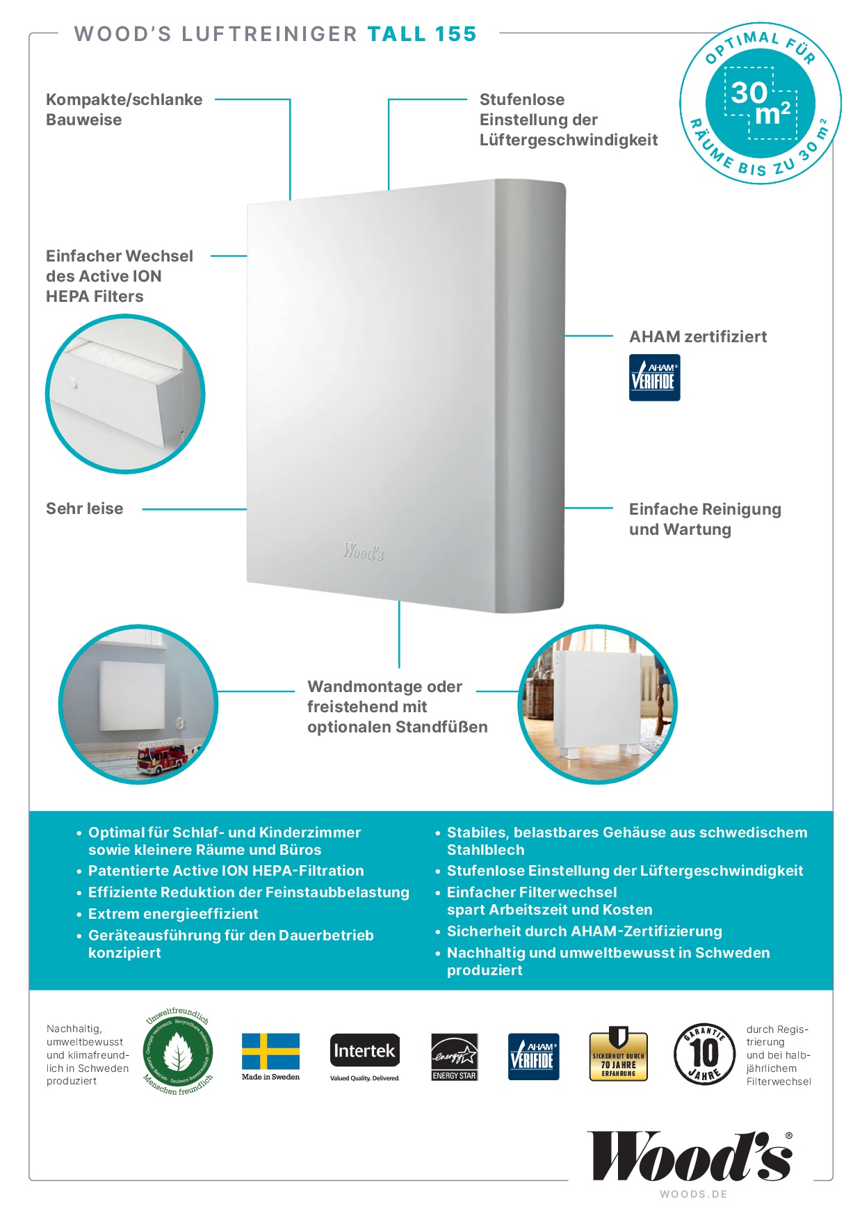 Weißer Luftreiniger mit Etiketten und Diagrammen, kleines Raum-Szenario.