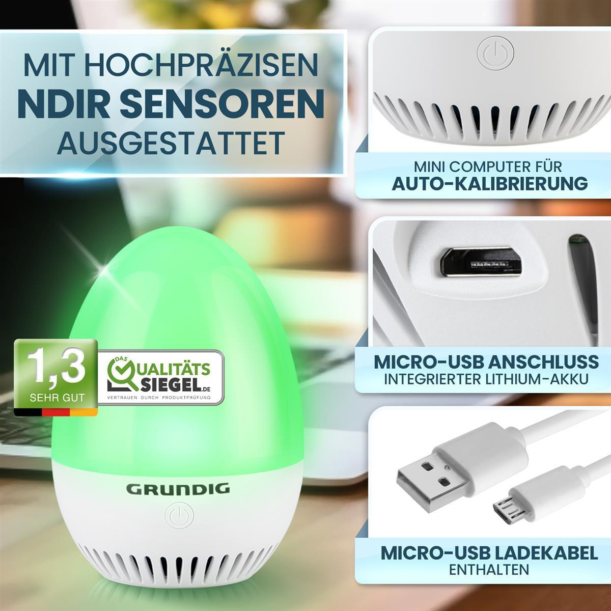 Ein weiß-grüner Grundig Luftqualitätsmonitor mit Text und Grafiken auf weißer Oberfläche.