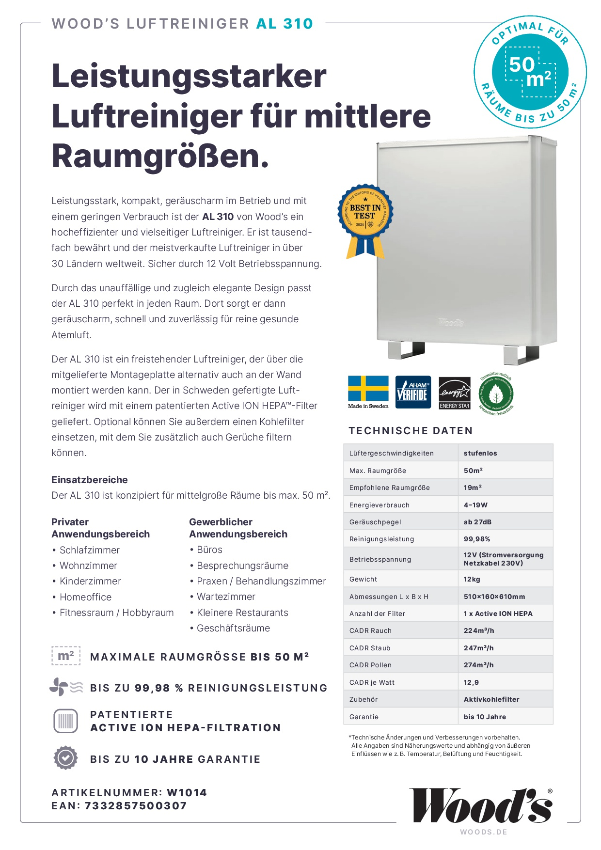 Weißer Luftreiniger mit Text auf Deutsch. Er hat einen weißen Körper und Text darauf.