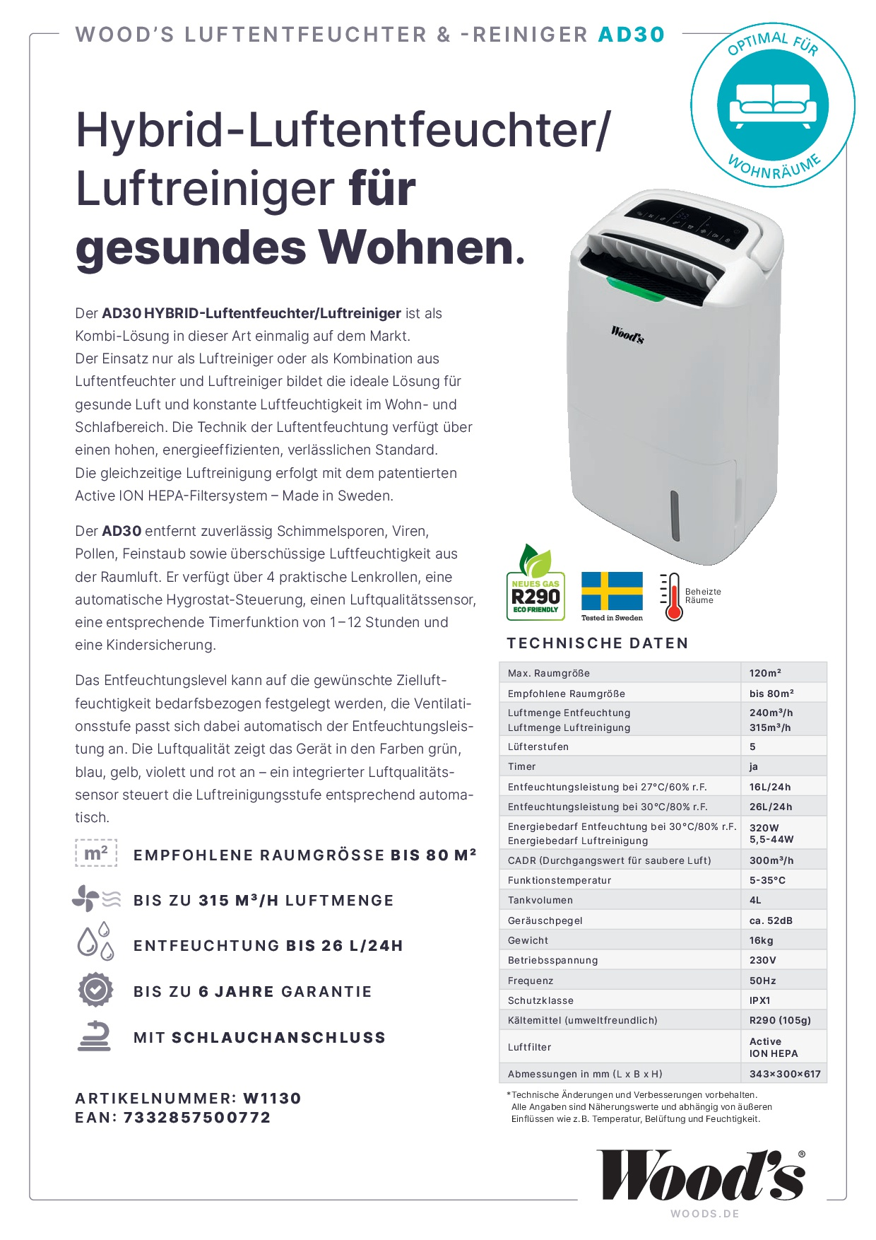 Ein weißer und schwarzer Luftreiniger mit Text und technischen Daten, mit einem Raum mit Möbeln im Hintergrund.