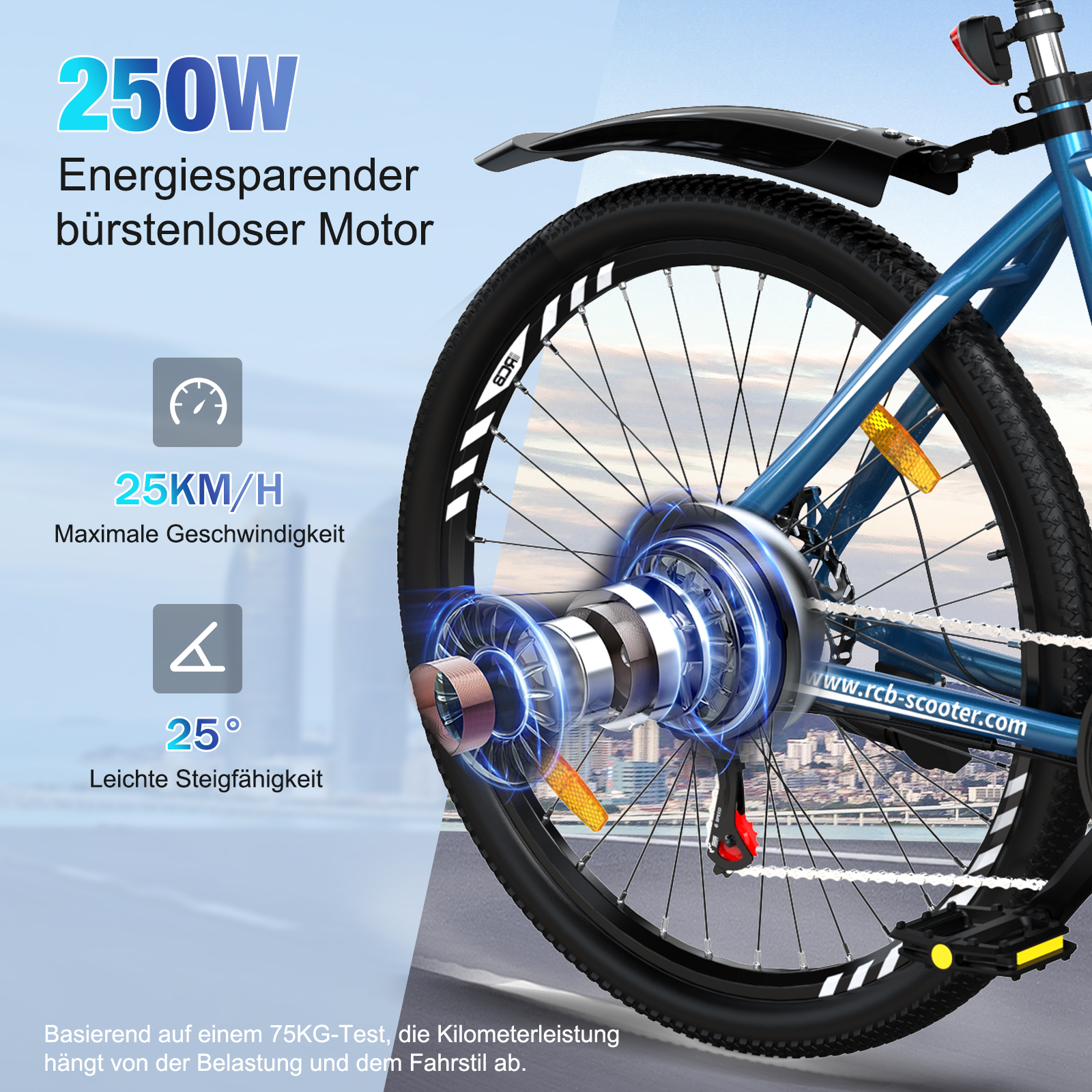 Blauw elektrisch fietswiel met tekst over motorvermogen, snelheid en hellingsmogelijkheden.