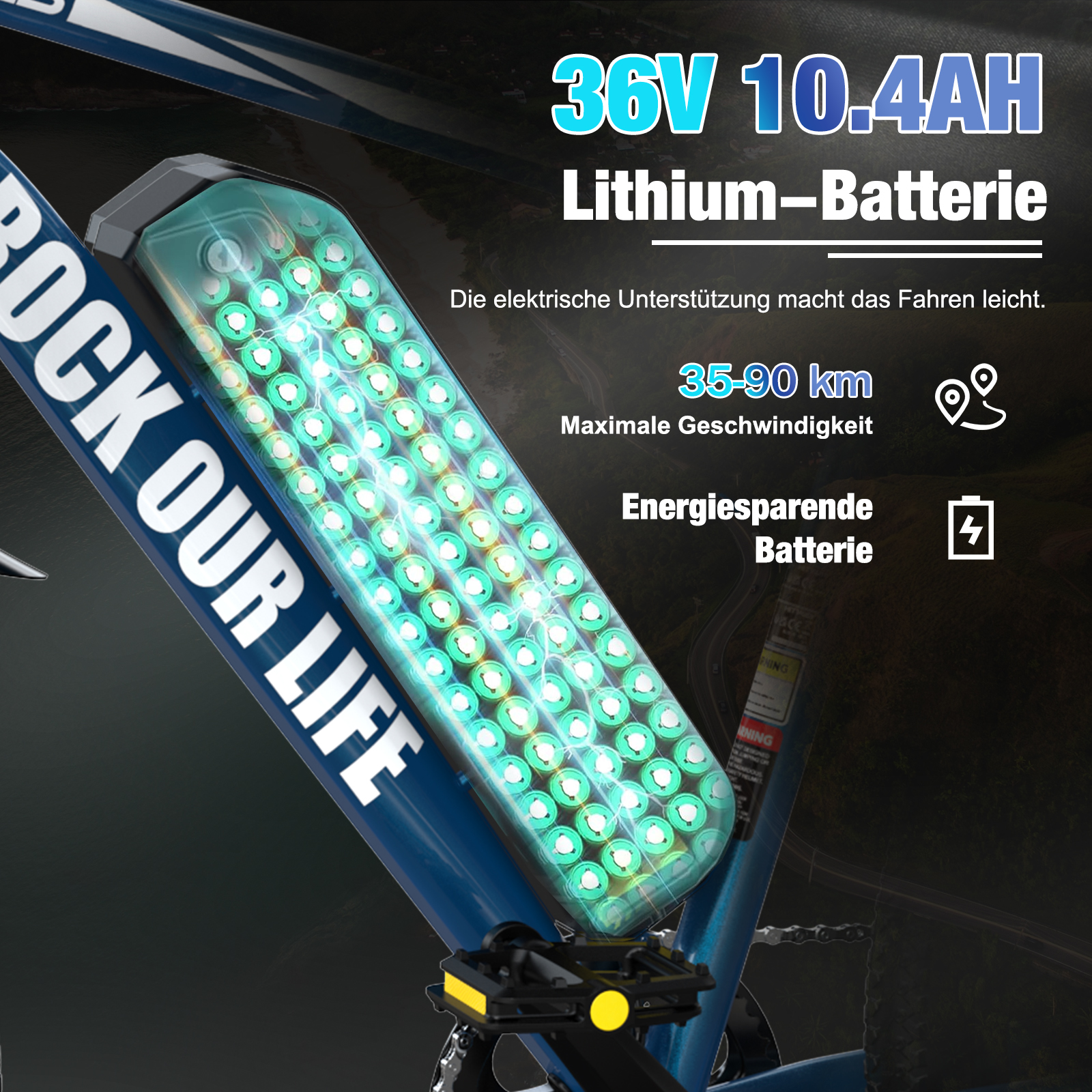 E-bike batterij met specificaties: 36V, 10.4AH en Lithium. Tekst toont bereik en functies.