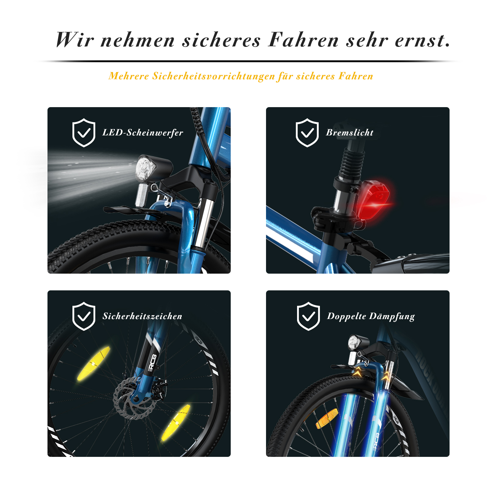 Un'immagine che mostra le caratteristiche di sicurezza di una bici blu. Include fari, luce posteriore, catarifrangenti e sospensioni.