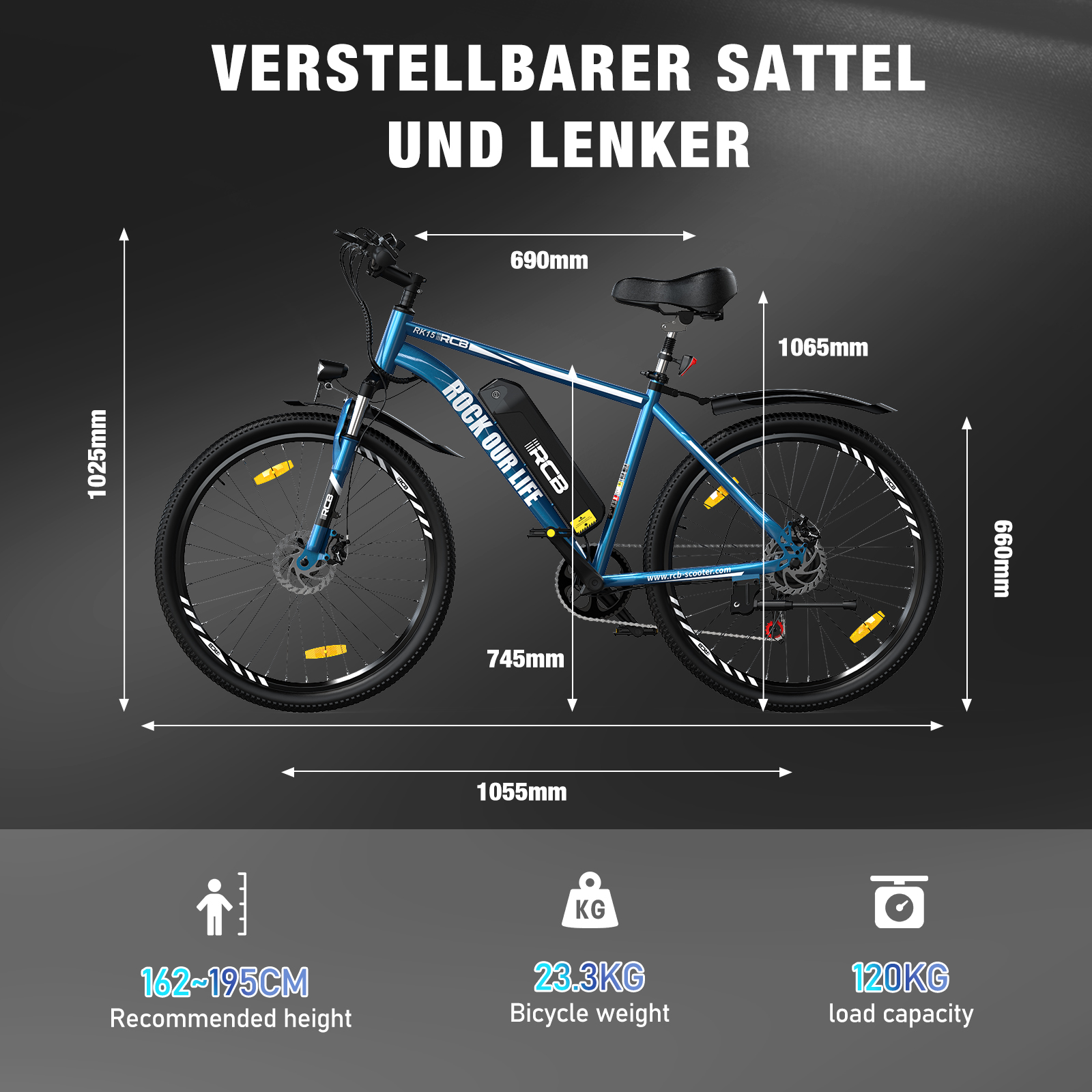Blauwe elektrische fiets met afmetingen. Tekst: verstelbaar zadel en stuur.