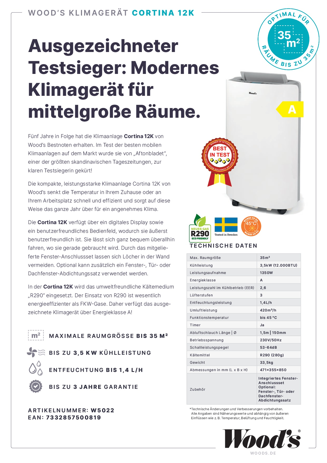 Eine weiße und blaue Werbung für ein Klimagerät mit Text und technischen Daten.