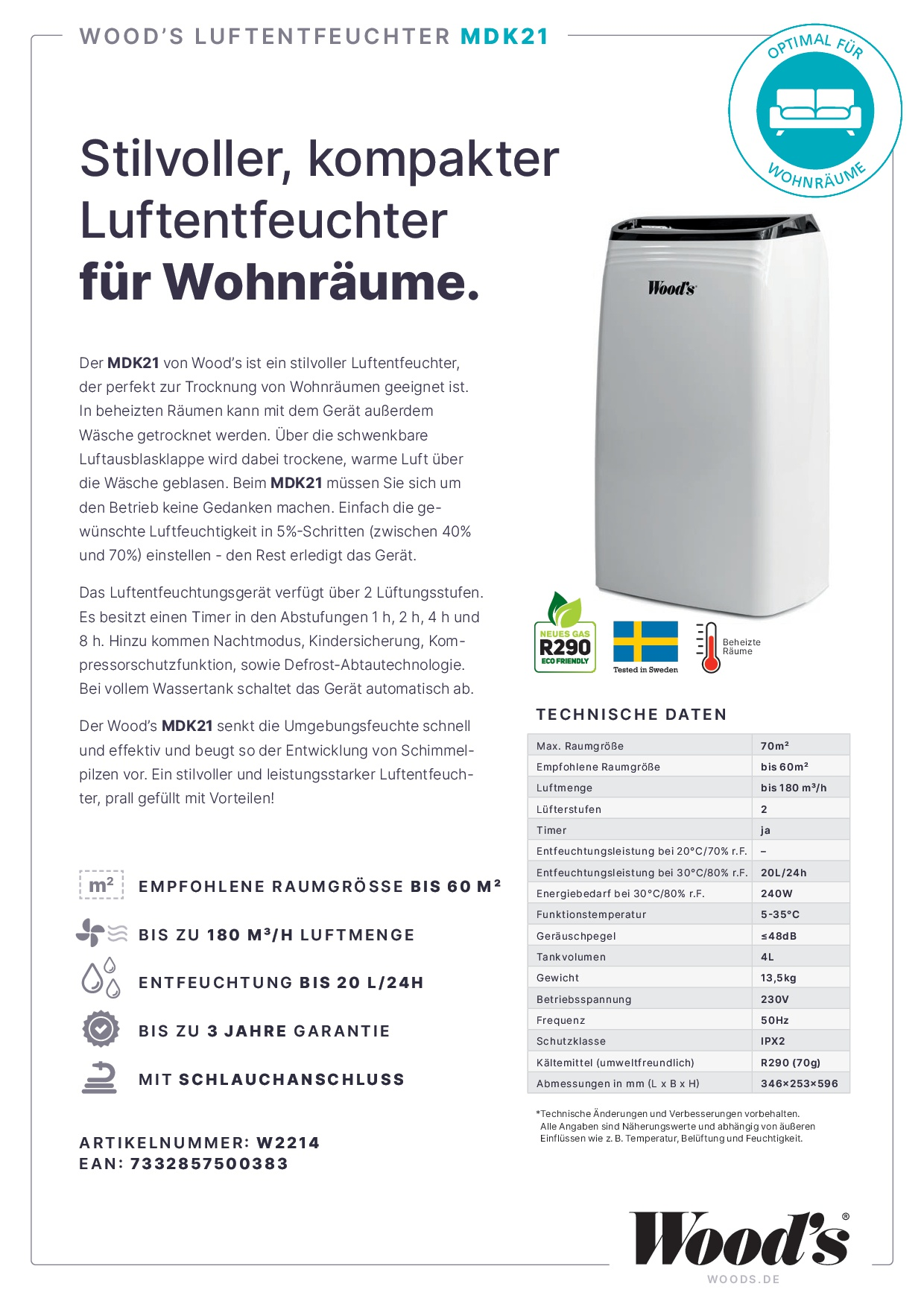 Ein Poster über einen Luftbefeuchter, mit Text und Bildern. Weißer Hintergrund.