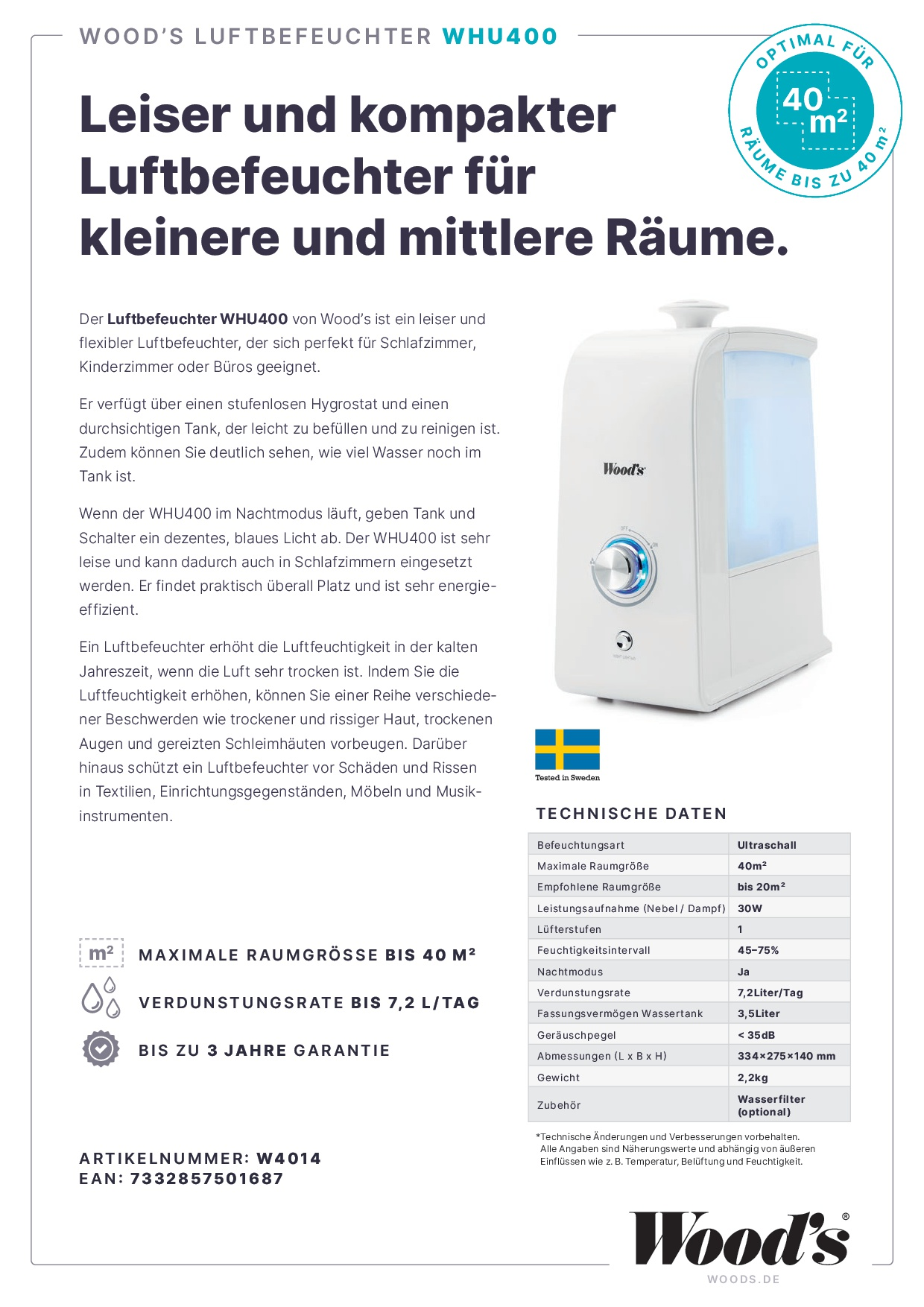 Weißer und blauer Luftbefeuchter mit Text. Er hat einen Tank und ein Einstellrad.