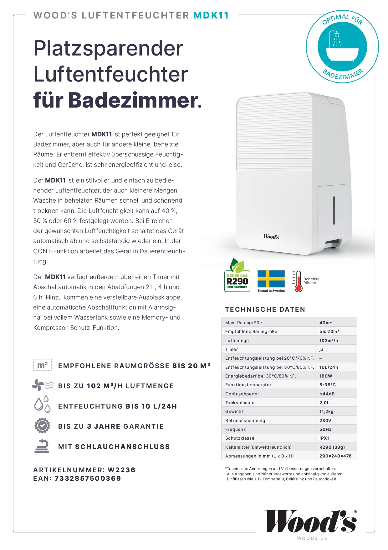 Eine Produktwerbung. Ein weißer Luftbefeuchter mit Text und technischen Details. Text: Woods's Luftentfeuchter.