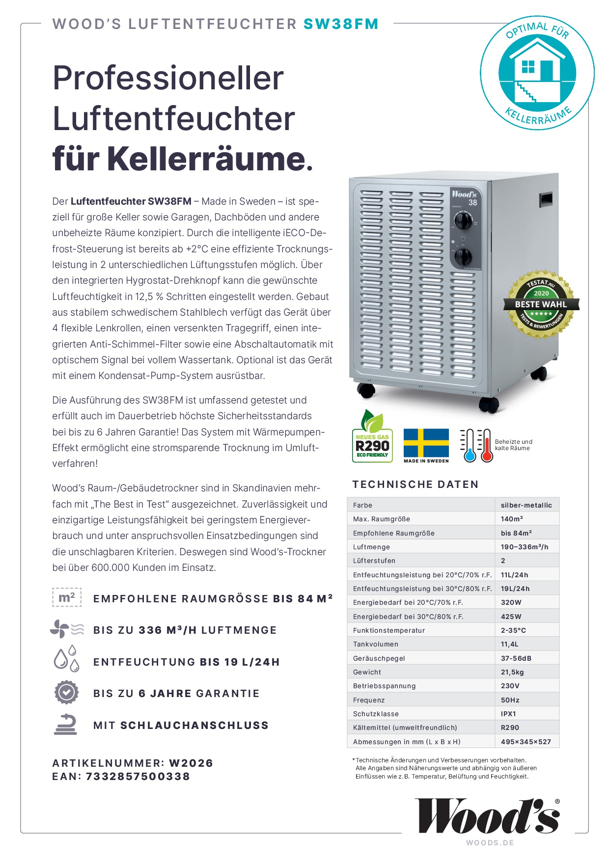 Ein Luftentfeuchter mit Text zur Beschreibung von Funktionen und technischen Daten.