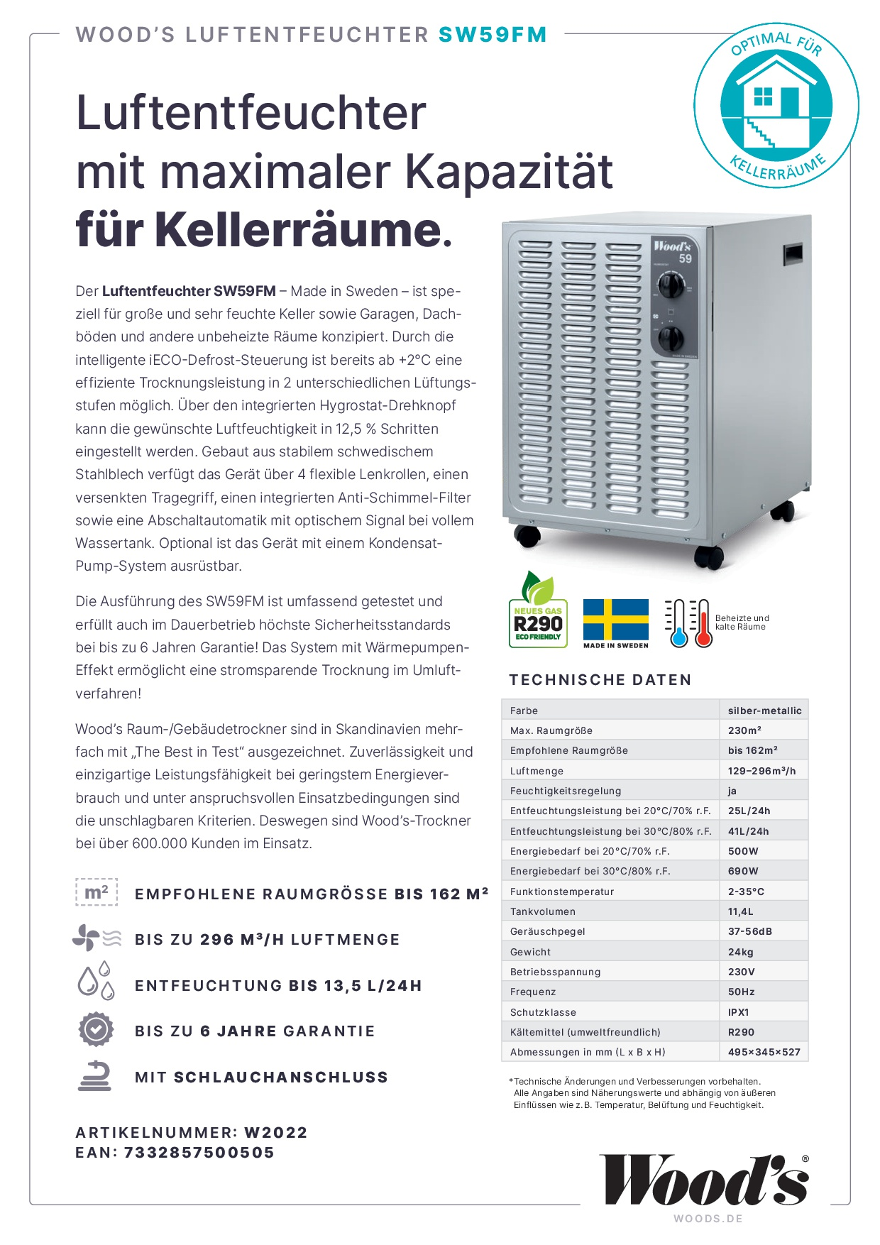 Luftentfeuchter mit Text. Text: Luftentfeuchter mit maximaler Kapazität für Kellerräume.