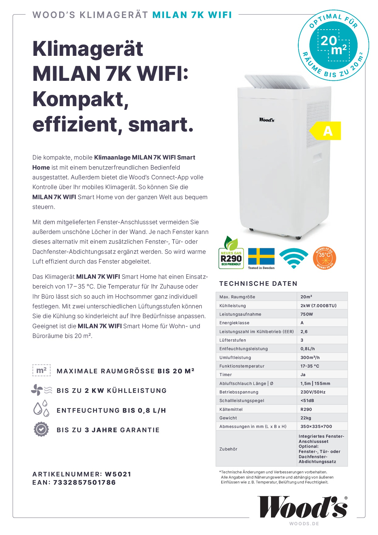 Weißes und graues Klimagerät mit Text. Es hat eine Produktbeschreibung.