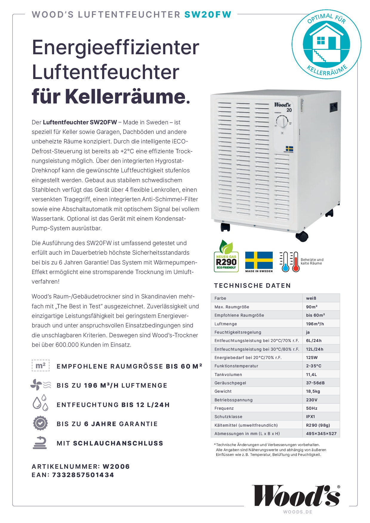 Luftentfeuchter mit Text. Weiße Box mit blauer Flagge. Technische Daten und Text befinden sich auf der rechten Seite.