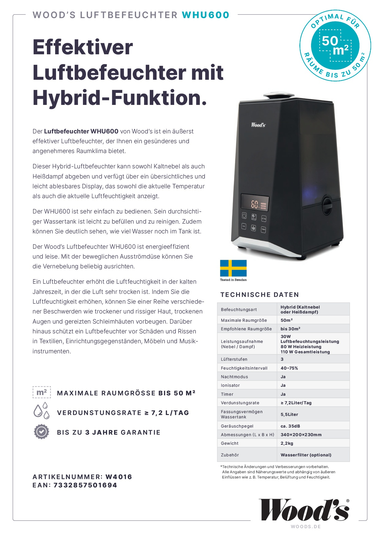 Ein schwarzer Luftbefeuchter mit Text. Er hat ein digitales Display und ist für einen Raum von 50 m² konzipiert.