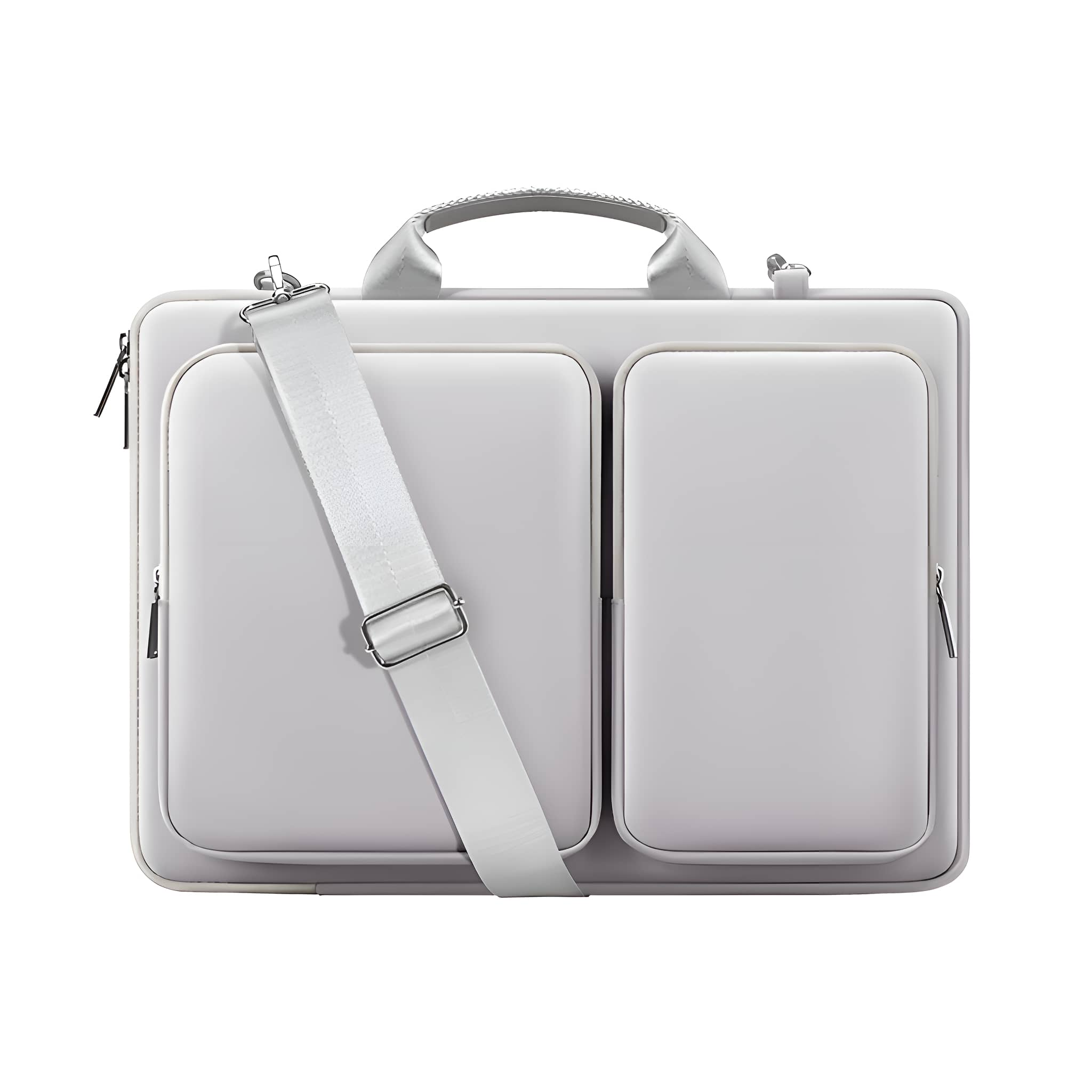 Graue Laptoptasche mit zwei Taschen und einem Schultergurt.