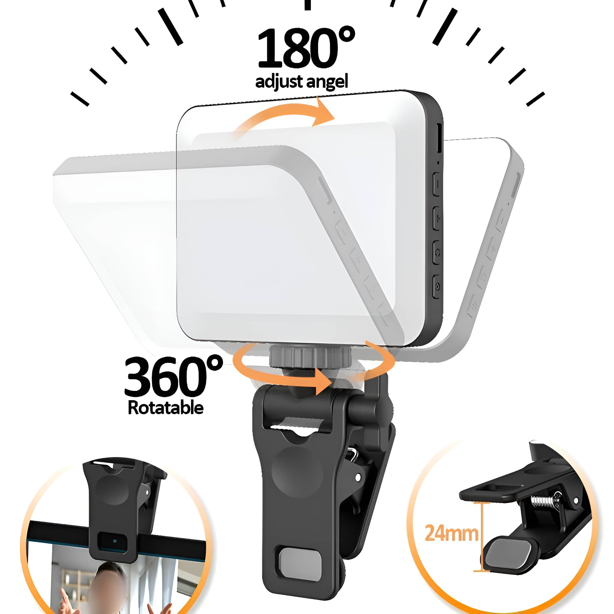 Kleines weißes Gerät mit Clip. Es ist um 360° drehbar und 180° einstellbar.