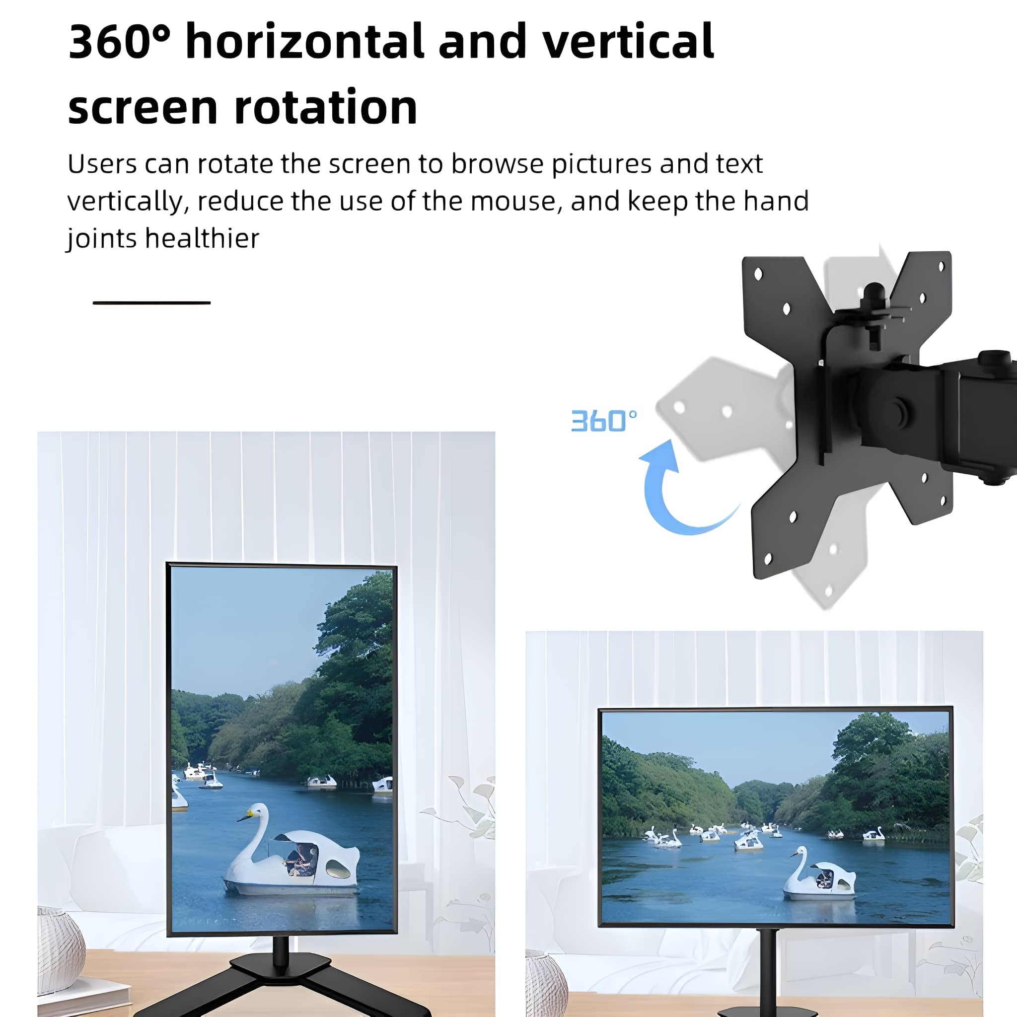 TV-Bildschirm mit Schwanfiguren, mit Ständer- und Wandhalterungsoptionen.