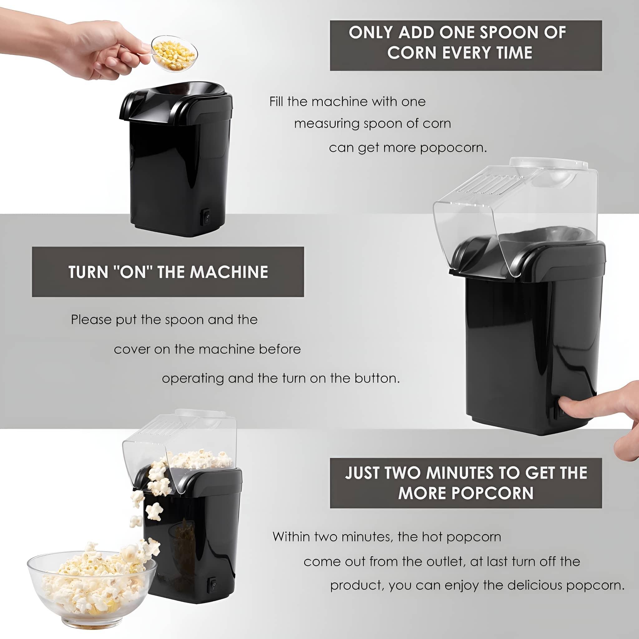 Eine schwarze Popcornmaschine mit Textanweisungen und eine Person, die Mais hinzufügt. Maschine auf weißem Hintergrund.