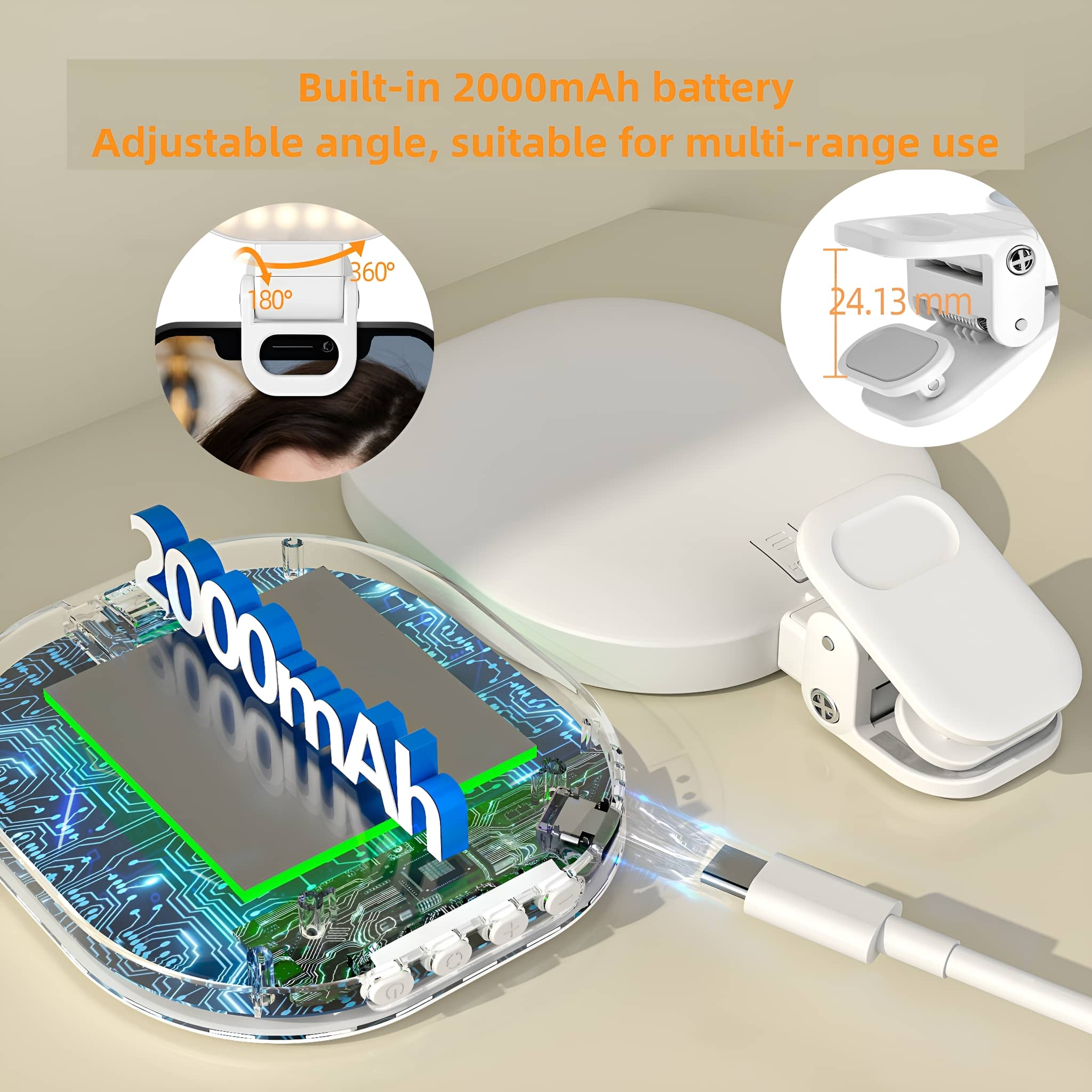 Weißes Clip-On-Licht und zwei Diagramme mit Text. Es hat einen 2000mAh Akku und ist verstellbar.