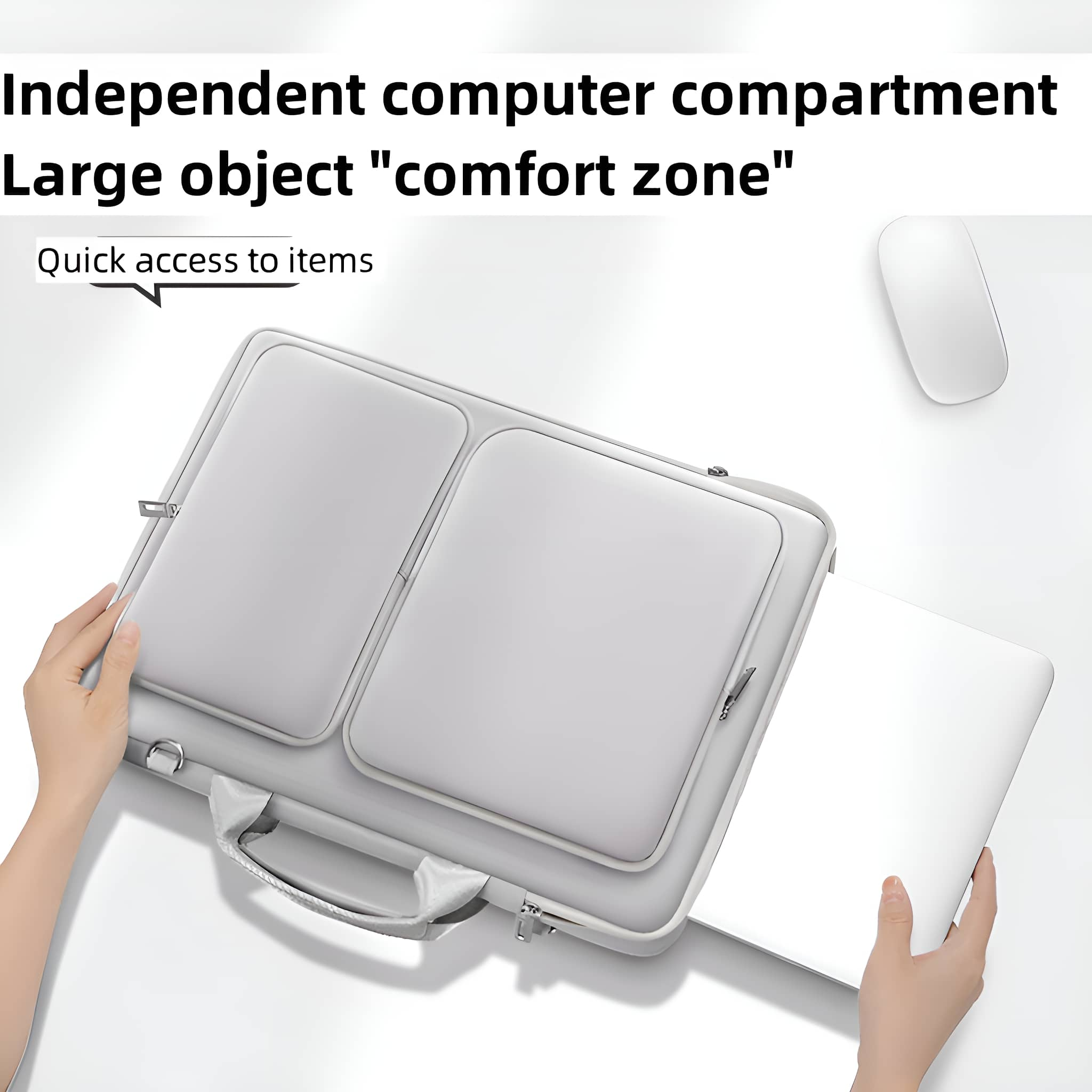 Eine weiße Computertasche, offen mit Laptop, eine Hand greift nach dem Laptop.