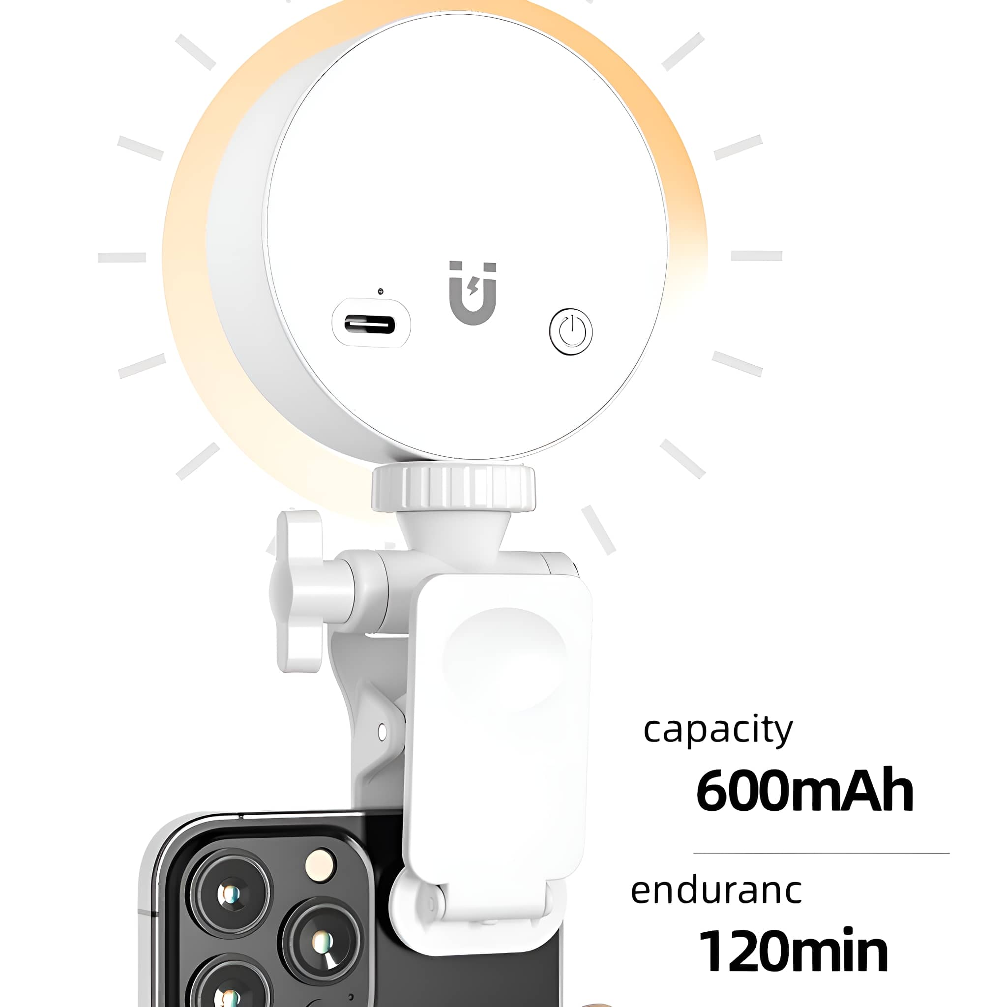 Ein weißes Telefon-Clip-On-Licht, an einem Telefon befestigt. Zeigt 600mAh Kapazität und 120min Ausdauer an.
