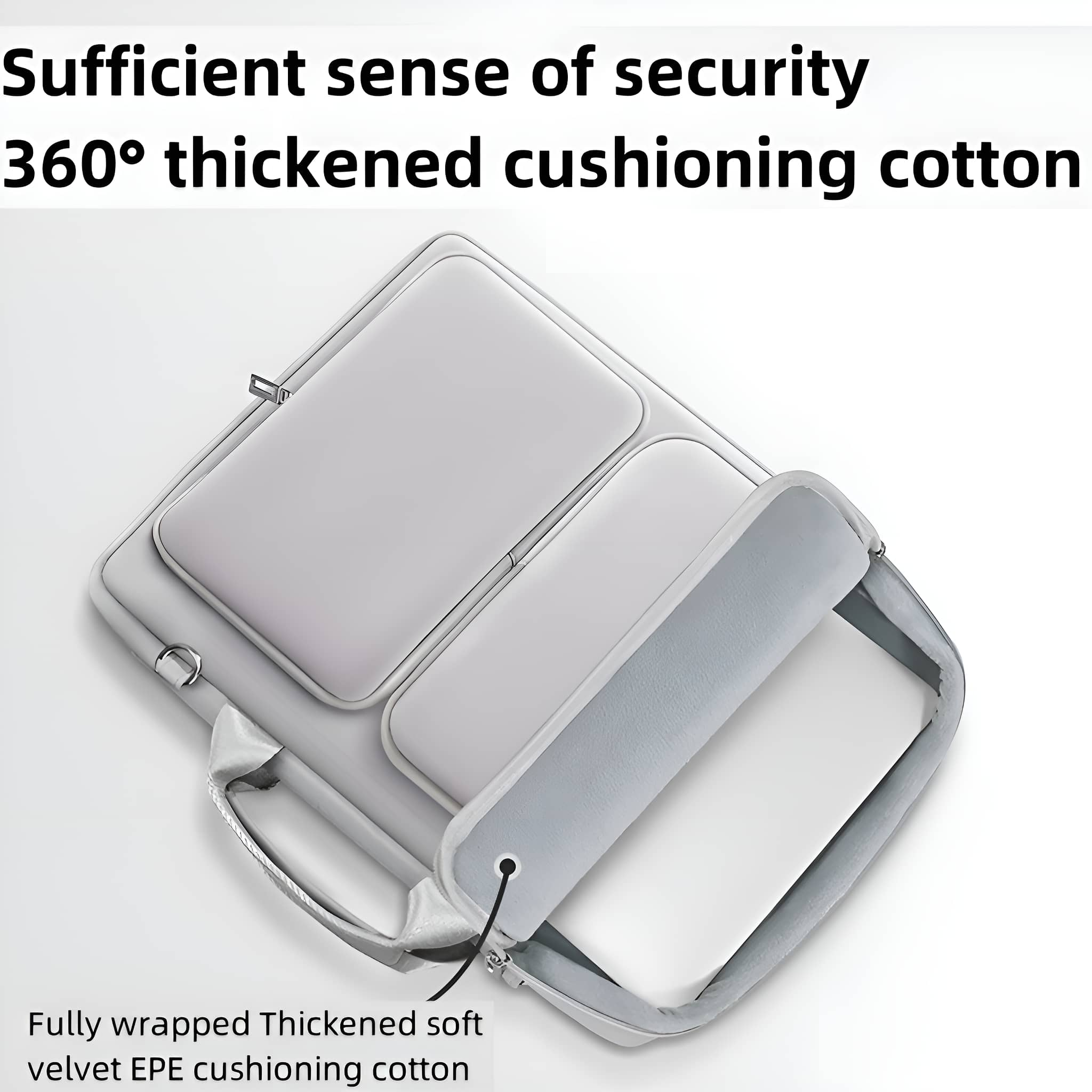 Graue Laptoptasche mit Fächern und einem Griff.