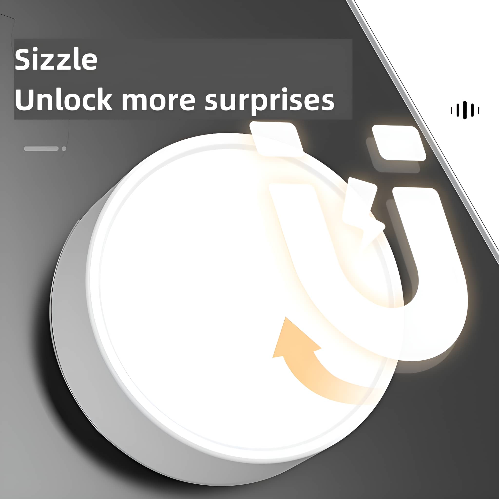Ein weißes rundes Objekt mit einem orangenen Pfeil und dem Wort „Sizzle“ auf dunklem Hintergrund.