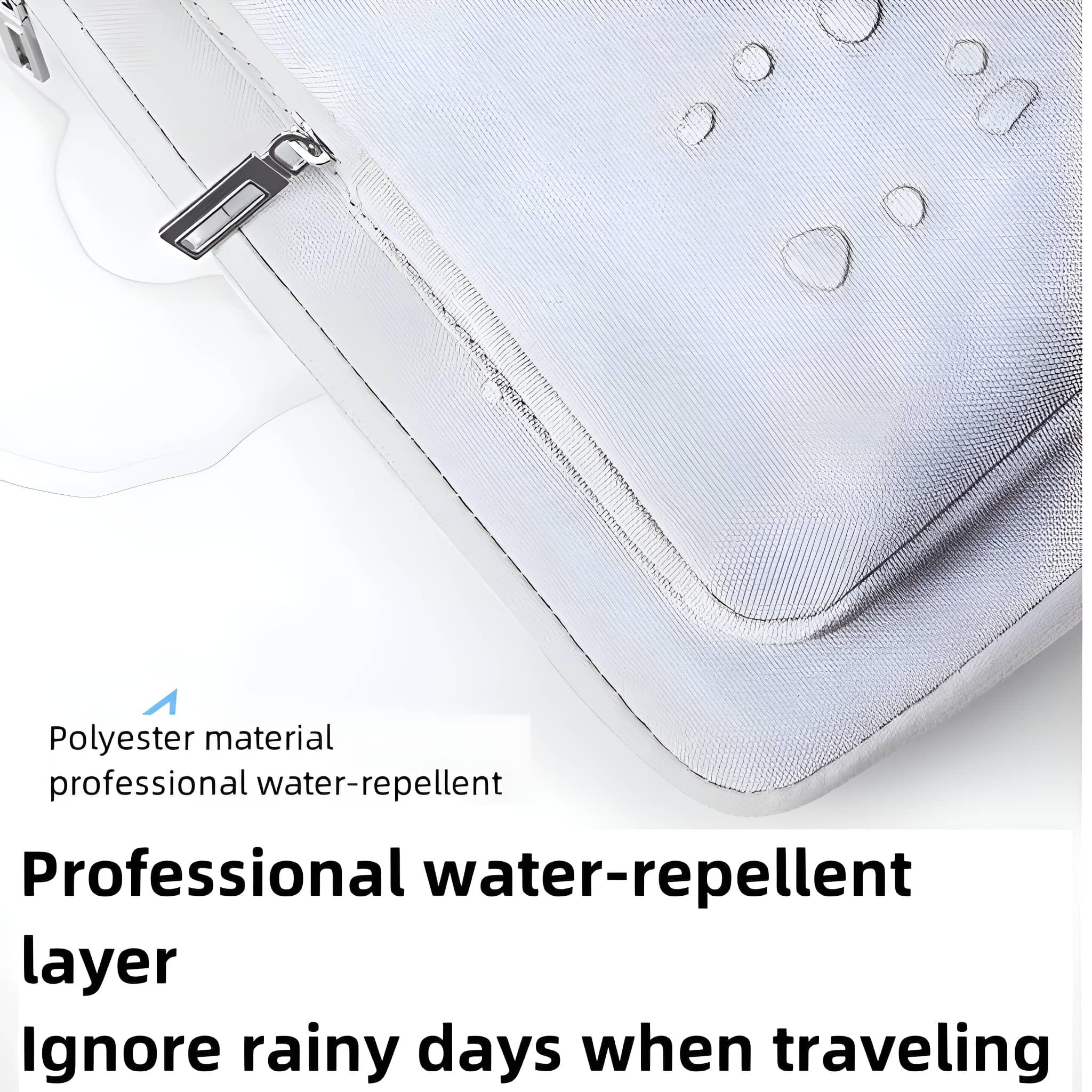 Silberne, wasserabweisende Laptoptasche mit Reißverschluss. Wassertropfen sind sichtbar.