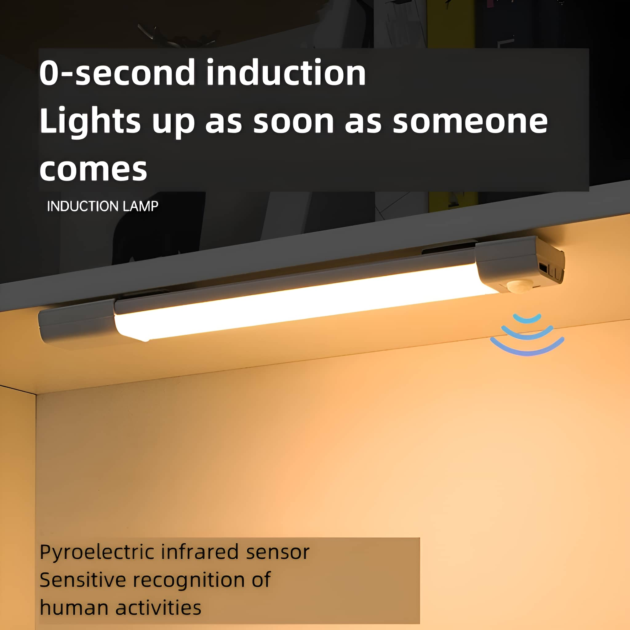 Eine weiße LED-Leuchte ist unter einem weißen Schrank montiert.