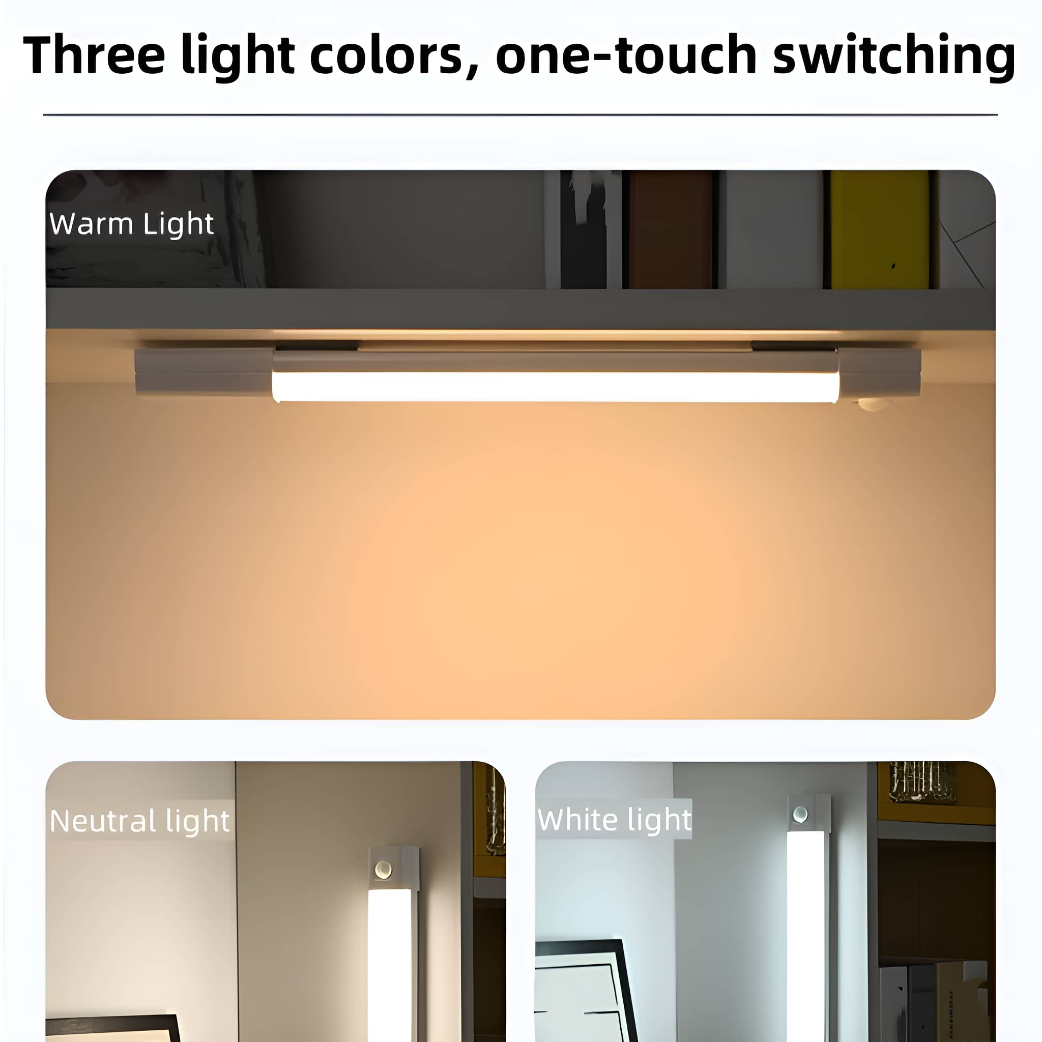 Drei Lichtfarbenoptionen für eine Unterschrankleuchte. Warm, neutral und weiß.