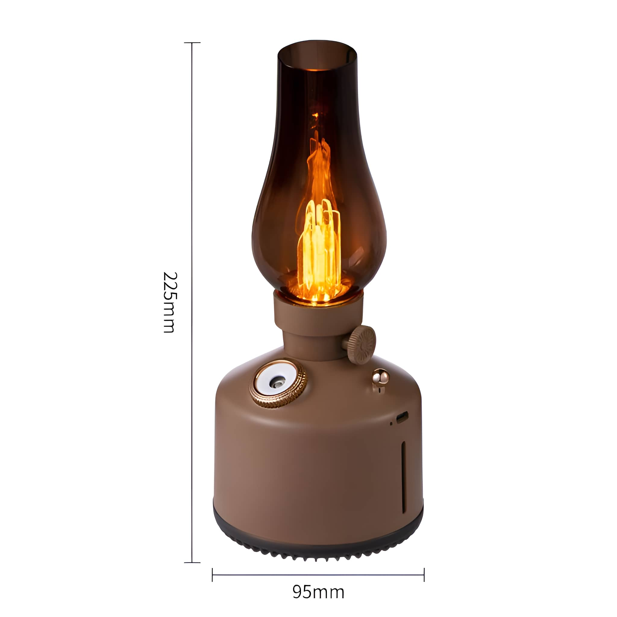 Braune Retro-Lampe mit leuchtender Glühbirne. 225mm Höhe und 95mm Breite. Weißer Hintergrund.