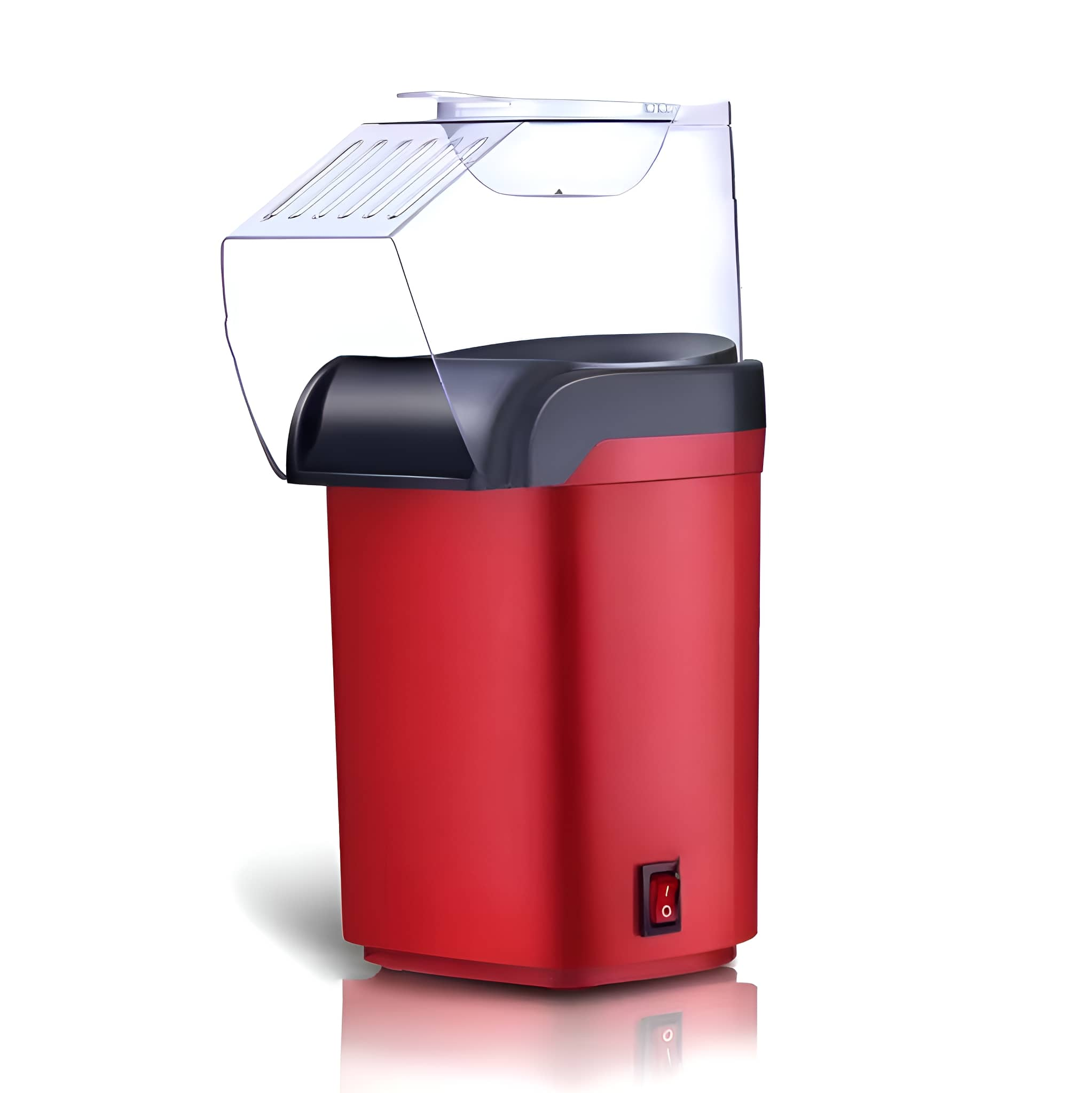 Roter Popcorn-Maker mit klarem Deckel und rotem Ein-/Ausschalter auf weißem Hintergrund.