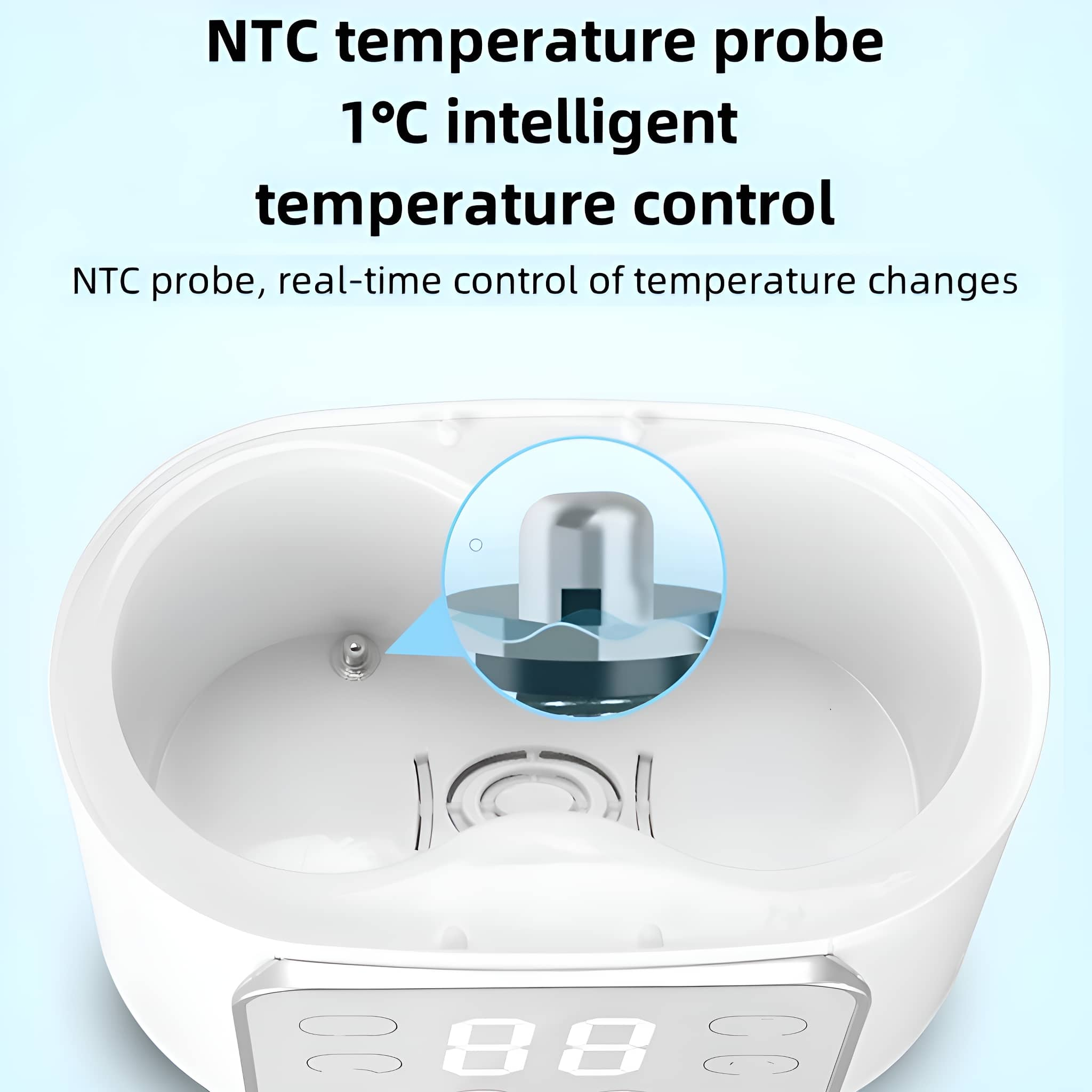 Weißes Gerät mit digitaler Anzeige. Text: NTC-Temperatursonde, 1°C intelligente Temperaturkontrolle. Blauer Hintergrund.