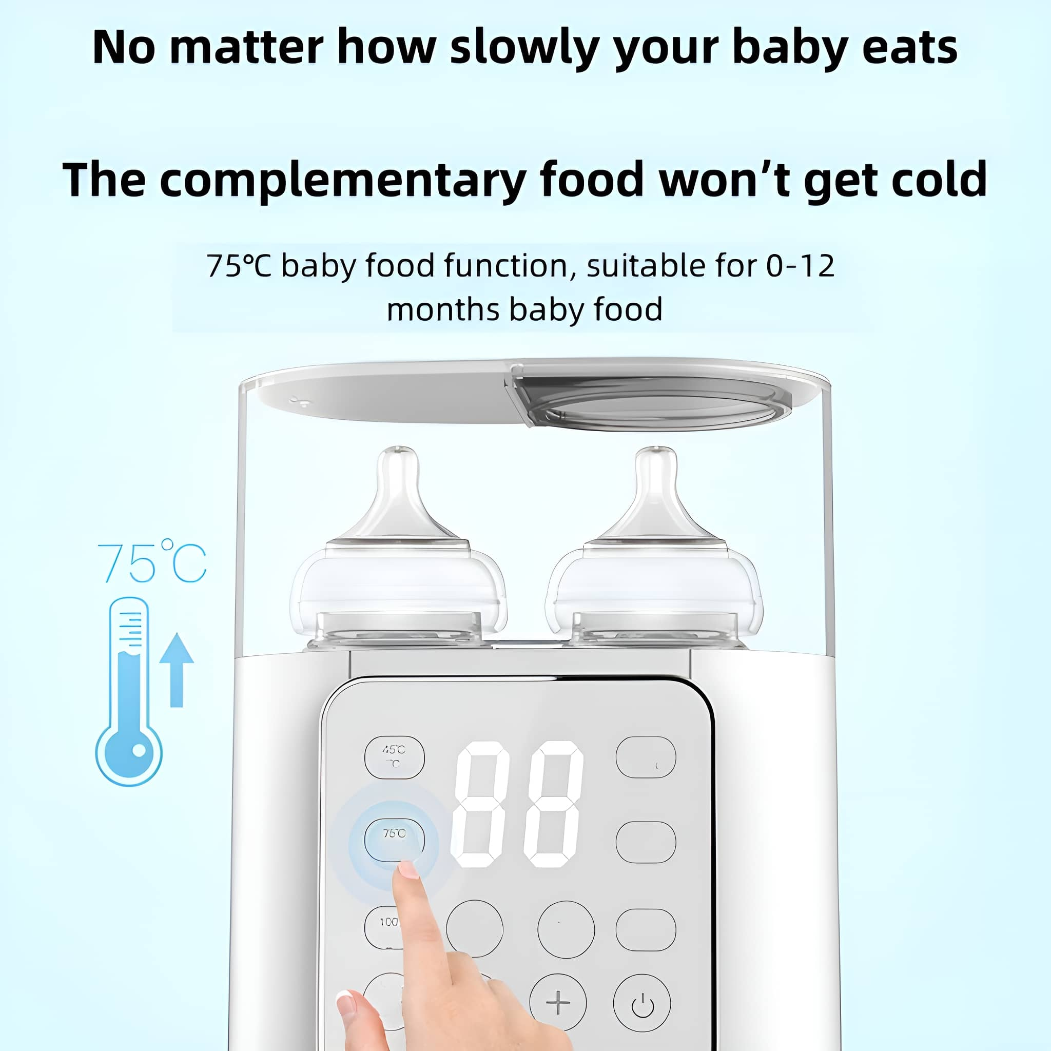 Babyflaschenwärmer mit Flaschen, Text über das Warmhalten von Babynahrung.