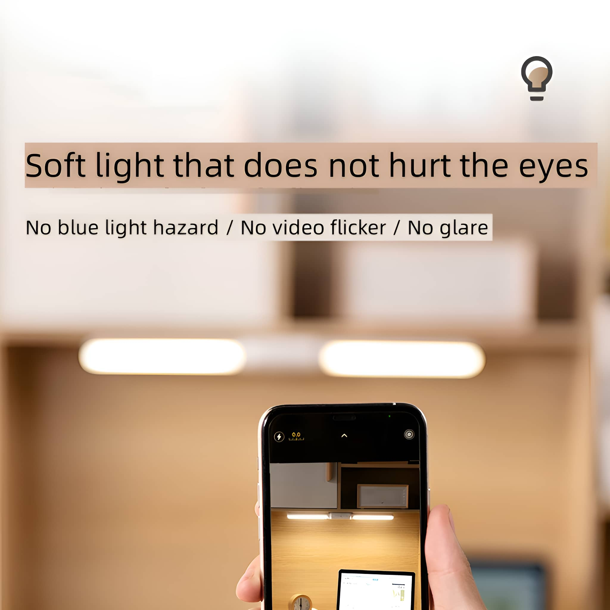 Ein Telefon ist auf einen Schreibtisch mit einer Lichtleiste gerichtet, darüber steht „sanftes Licht schadet nicht den Augen“.