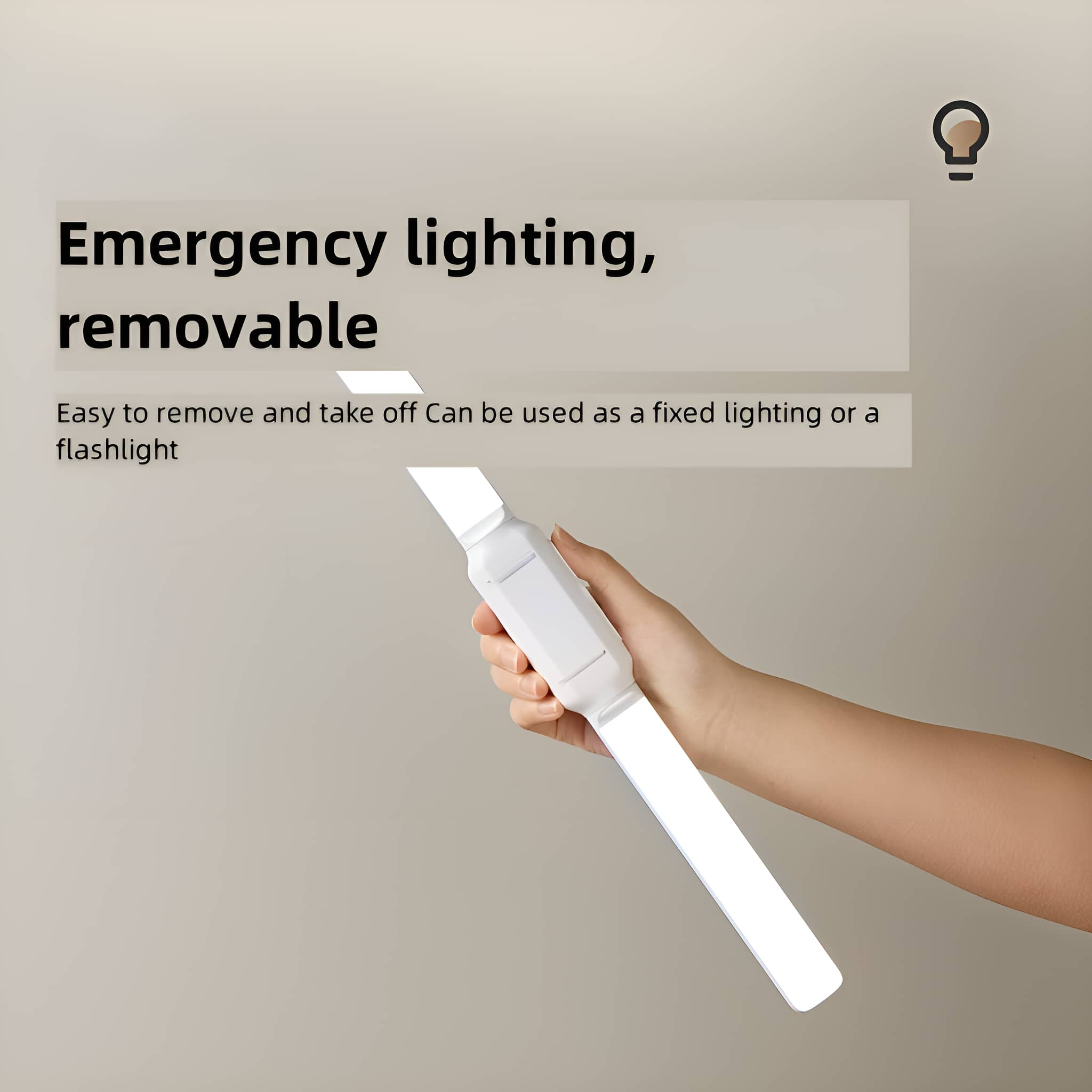 Ein weißer Notlichtstab wird in einer Hand gehalten. Text beschreibt ihn als abnehmbar und als Taschenlampe nutzbar.