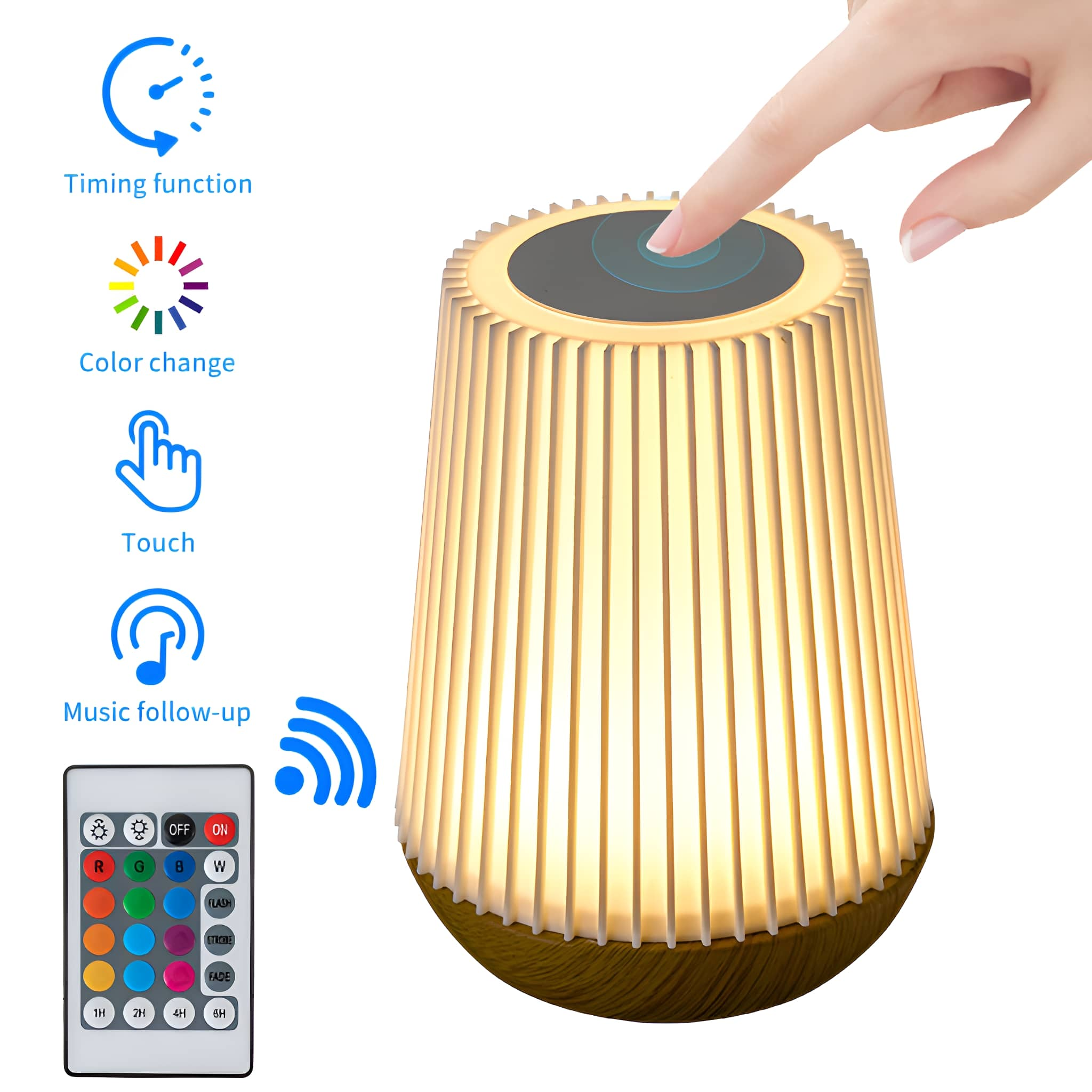 Eine Touch-Lampe mit Farbwechsel- und Timing-Funktionen. Eine Fernbedienung befindet sich auf der linken Seite.