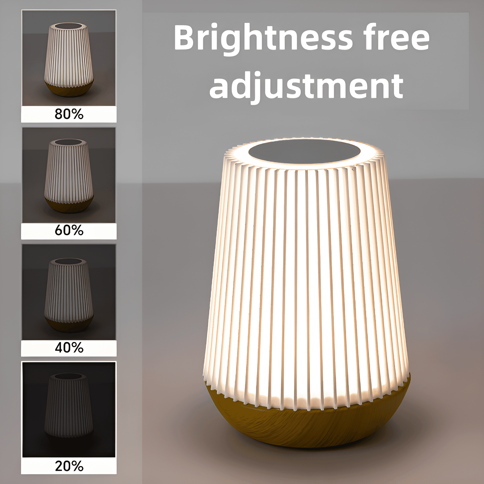 Eine weiße und hölzerne Lampe mit einstellbaren Helligkeitsstufen, dargestellt als 80 %, 60 %, 40 % und 20 %.