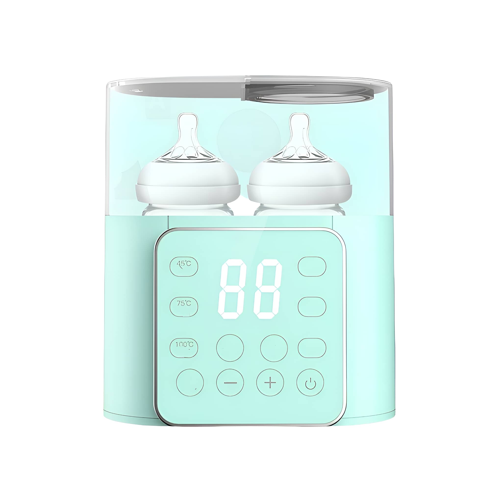 Babyflaschensterilisator mit zwei Flaschen darin. Es hat ein digitales Display und Knöpfe.