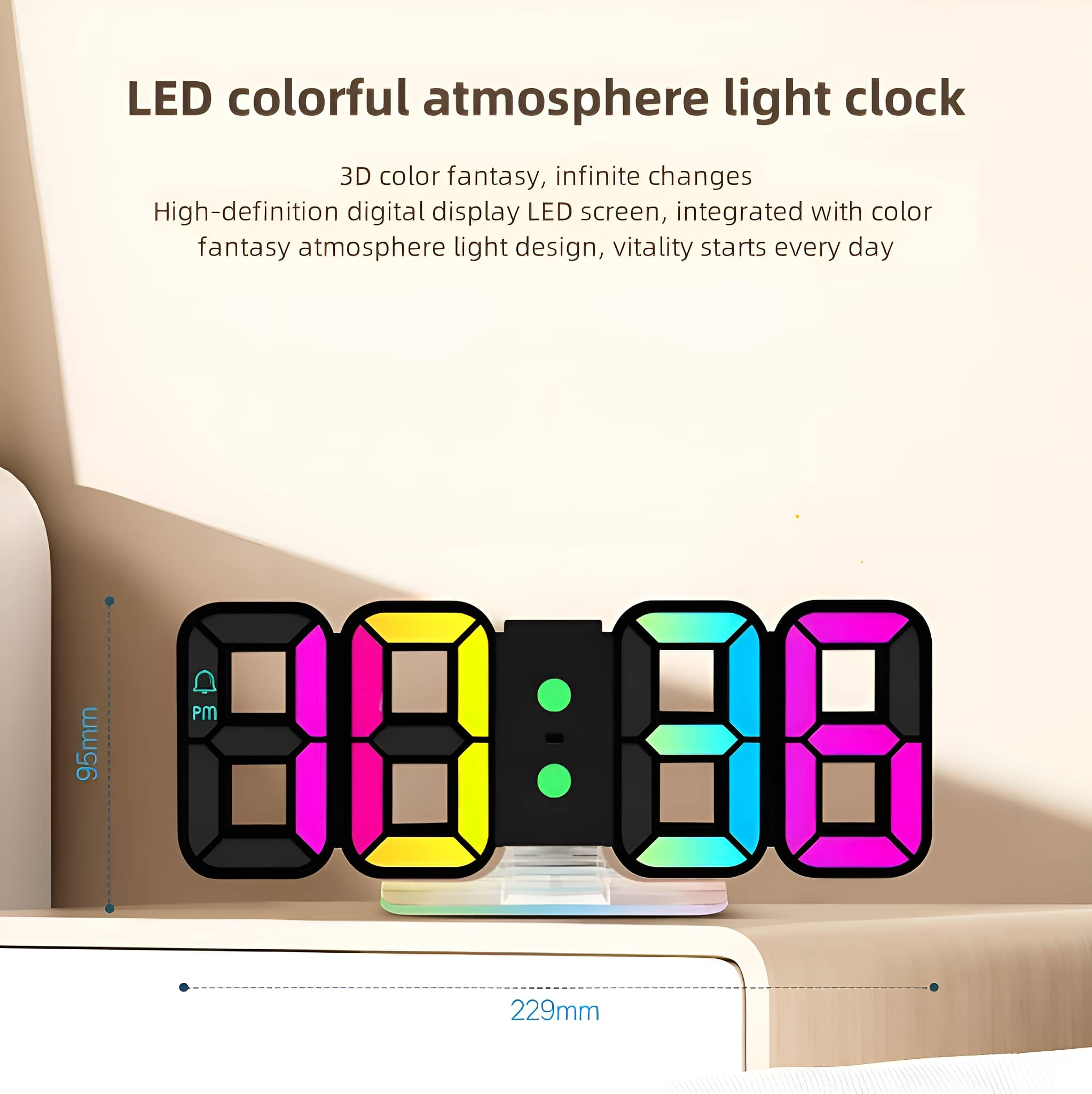 Digitale LED-Uhr zeigt die Zeit mit farbwechselnden Lichtern.