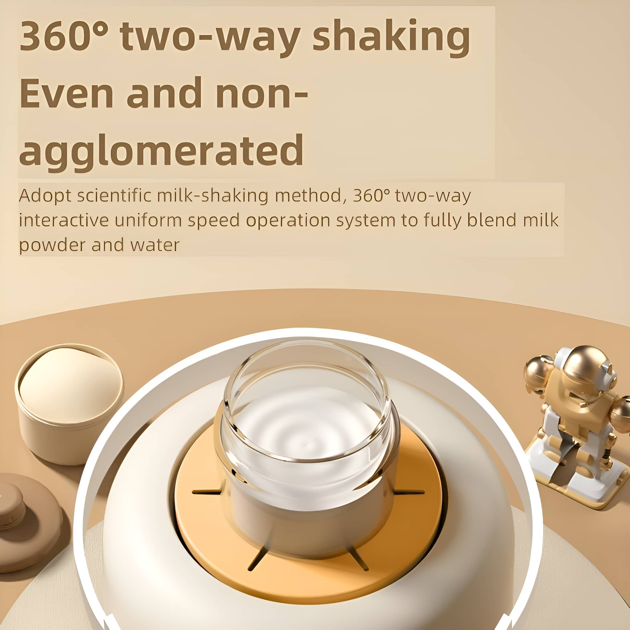 Gerät mit einem Glasbehälter mit Milch. Es gibt einen Milchpulverbehälter und ein Roboterspielzeug.