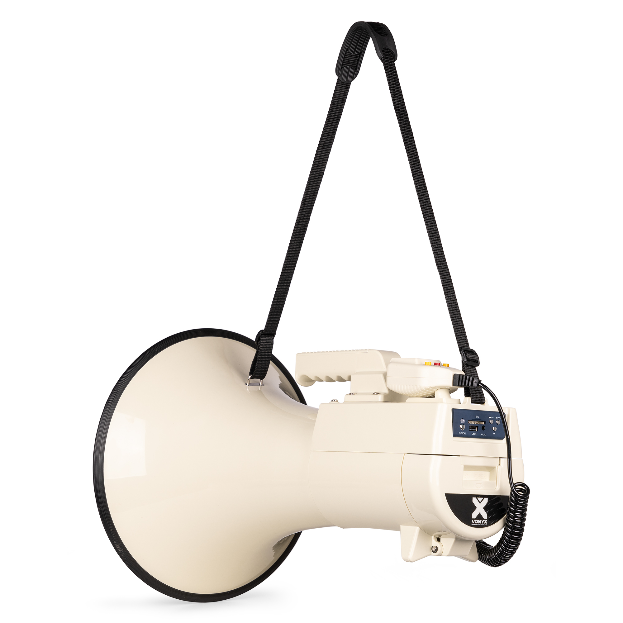 Een witte megafoon met een zwarte draagriem. Een klein bedieningspaneel is zichtbaar aan de achterkant.