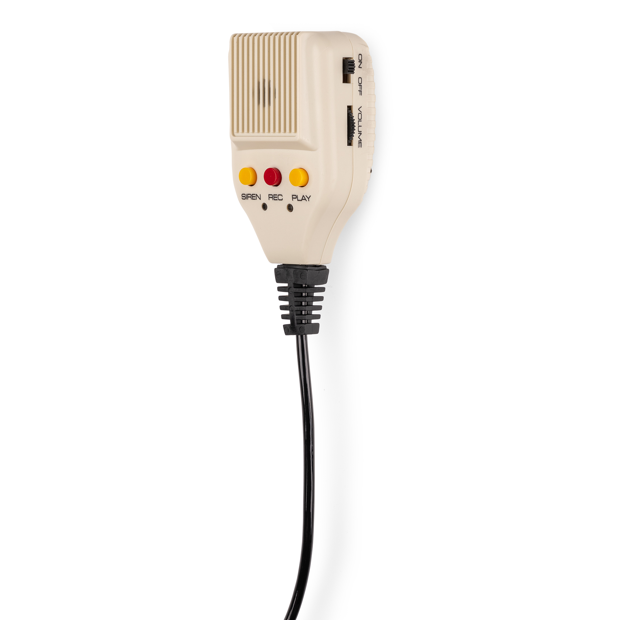 Een beige retro microfoon met knoppen en een kabel. Het heeft sirene, rec en play knoppen.