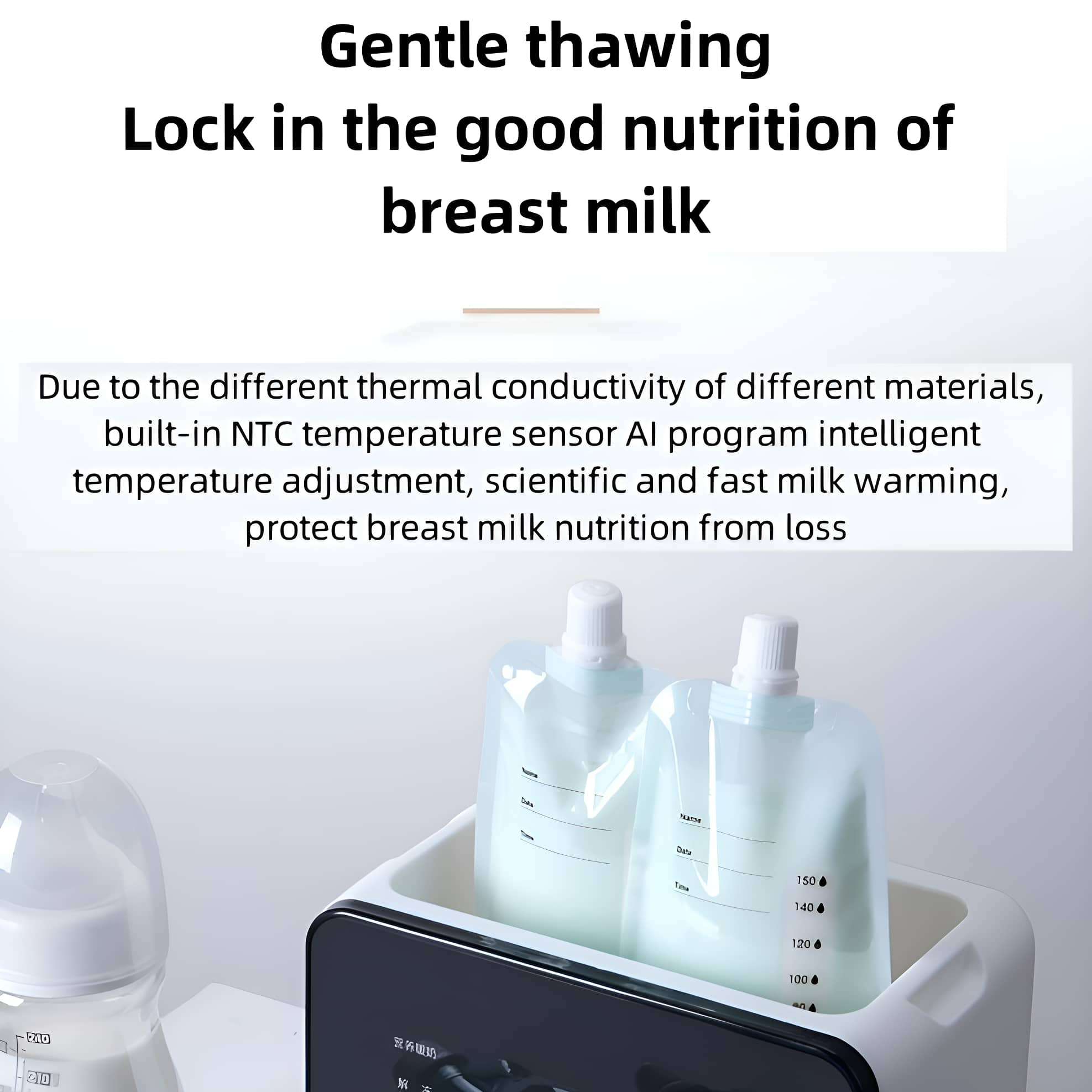 Zwei Beutel mit Flüssigkeit in einem weißen Wärmer. Text über sanftes Auftauen und Muttermilch.