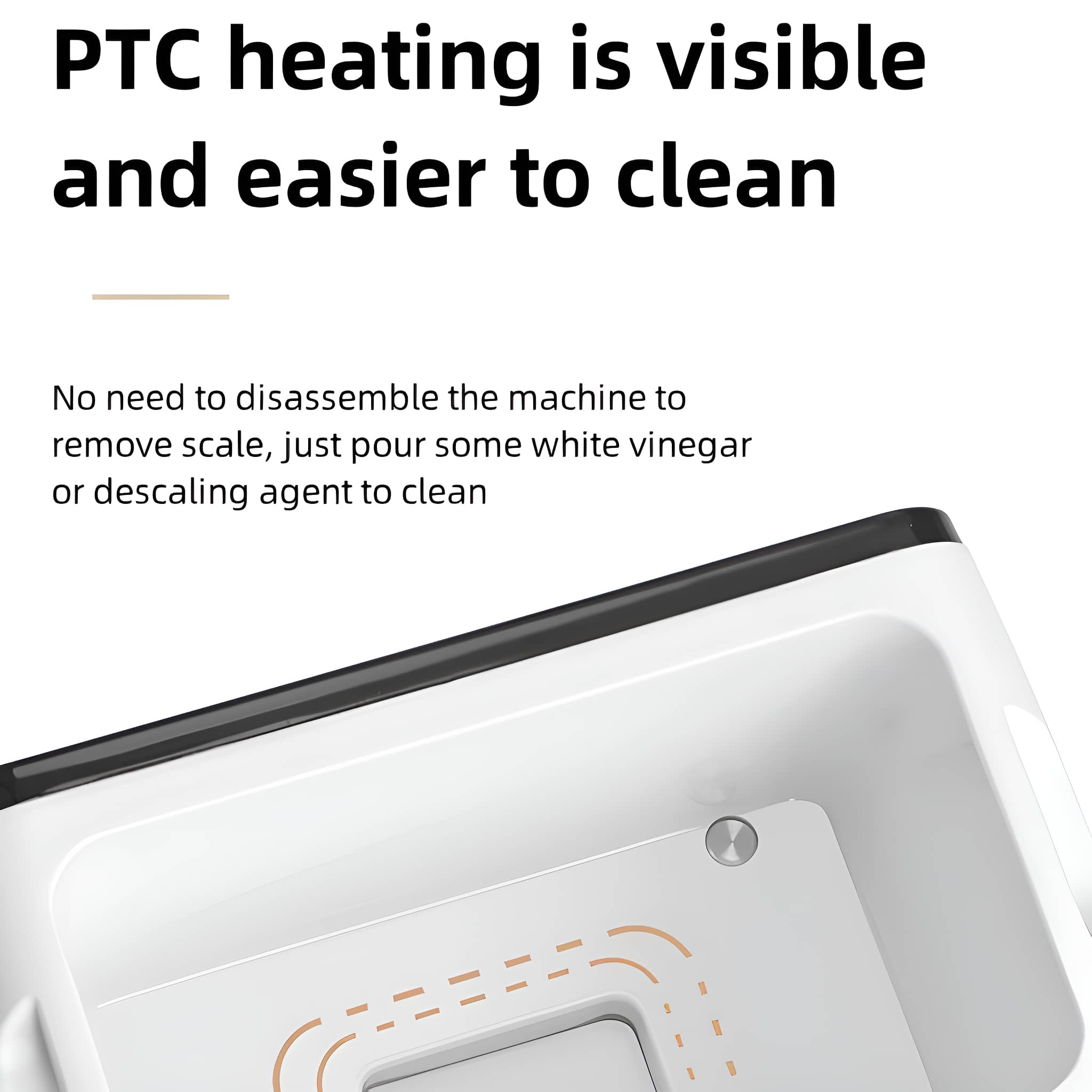 Nahaufnahme eines weißen Geräts mit Text: 'PTC-Heizung ist sichtbar und leichter zu reinigen'.
